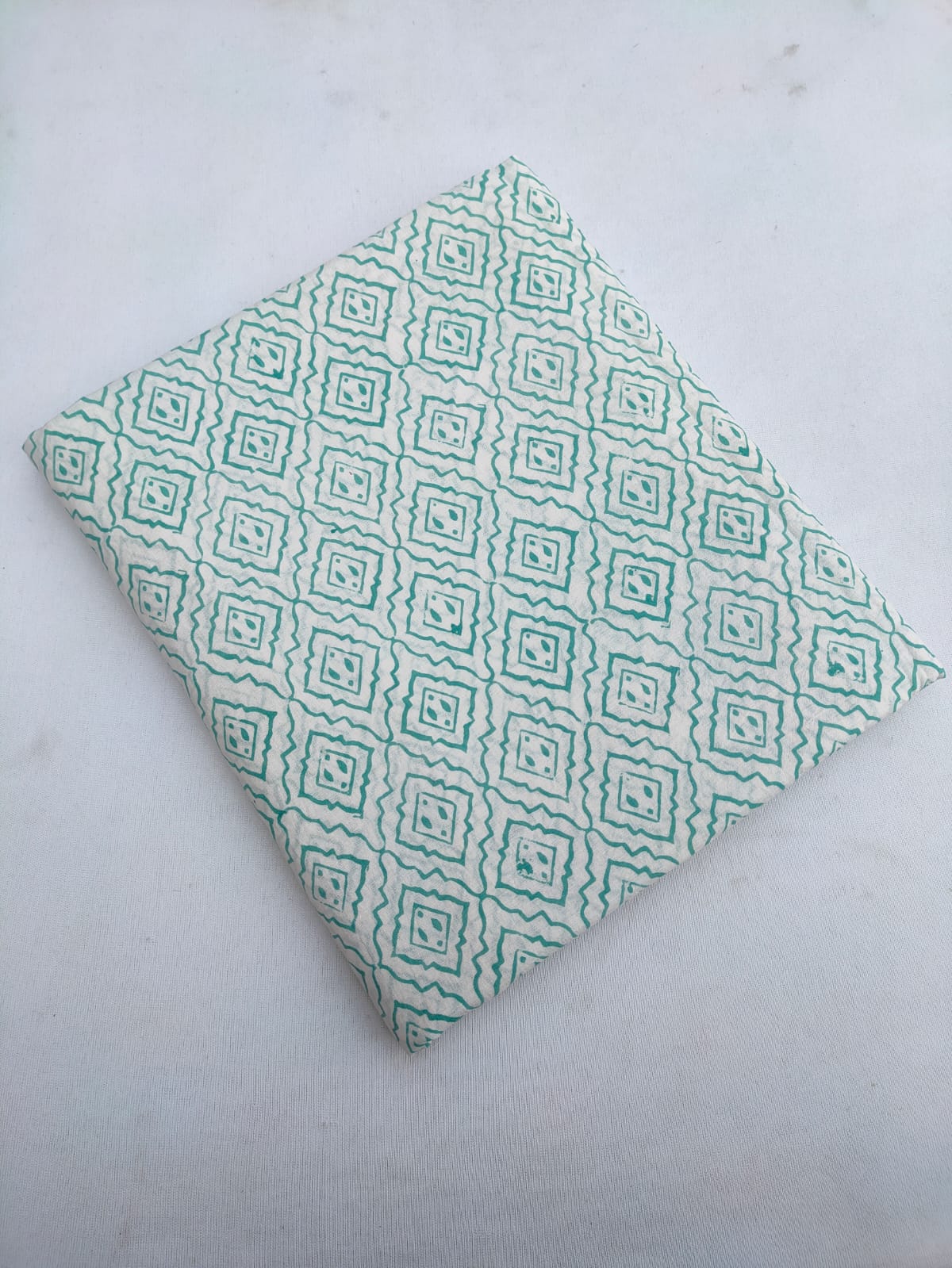 White And Green Geometric Jaipuri Block Print Pure Cotton Fabric From Tulsi Prints