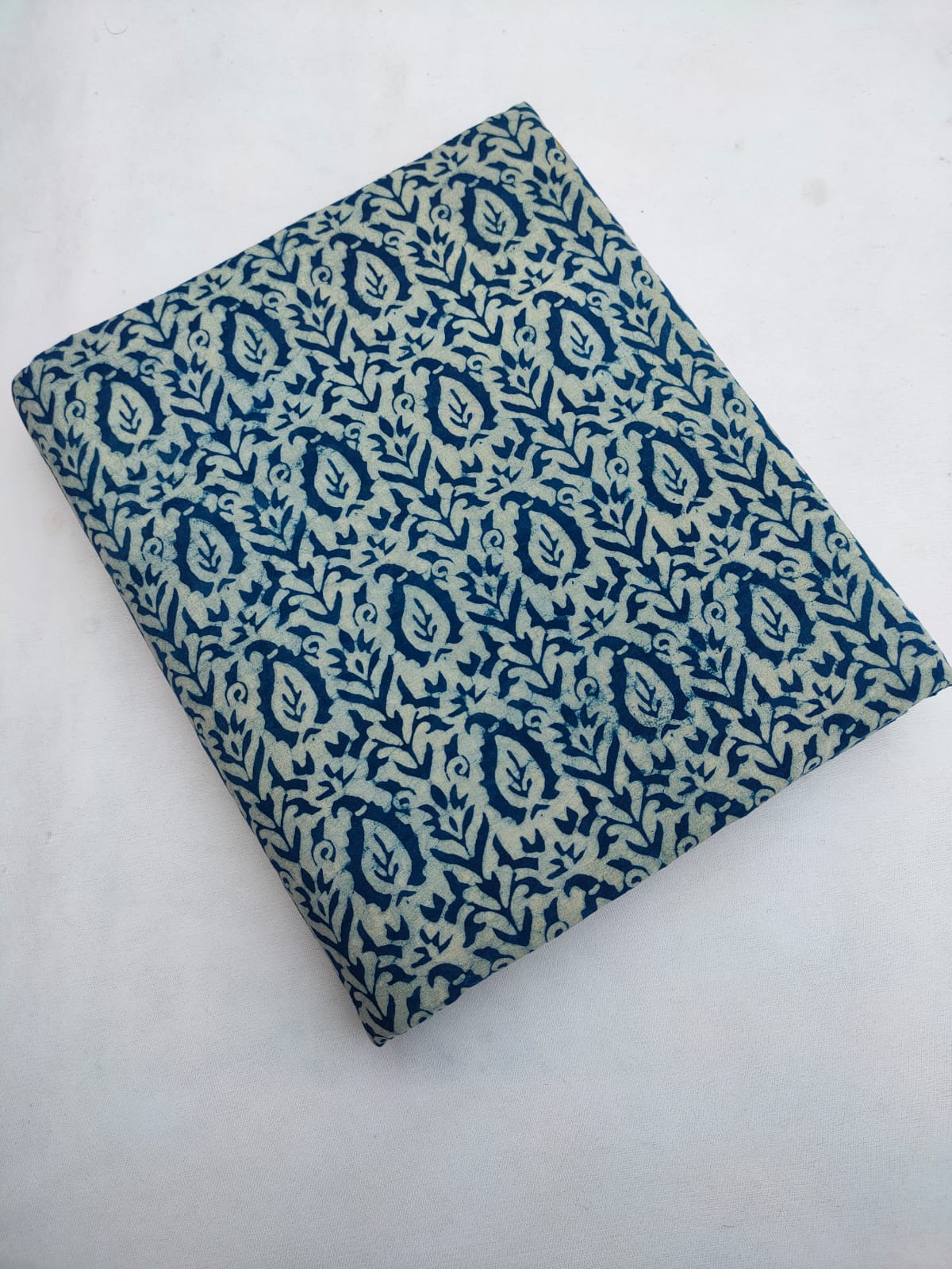 Navy Blue and Off-White Paisley Floral Indigo Print (Dabu Indigo Print) Pure Cotton Fabric From Tulsi Prints