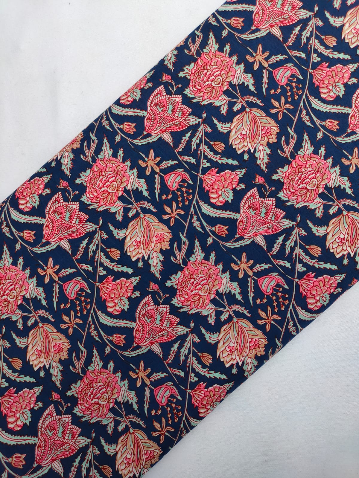 Navy Blue Floral Screen Print Pure Cotton Fabric From Tulsi Prints