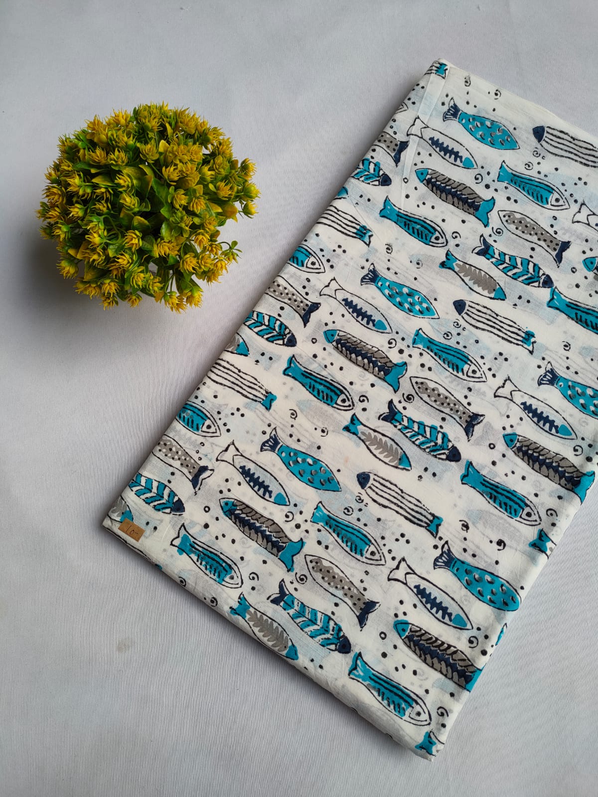 White Fish Motif Bagru Block Print Pure Cotton Fabric From Tulsi Prints