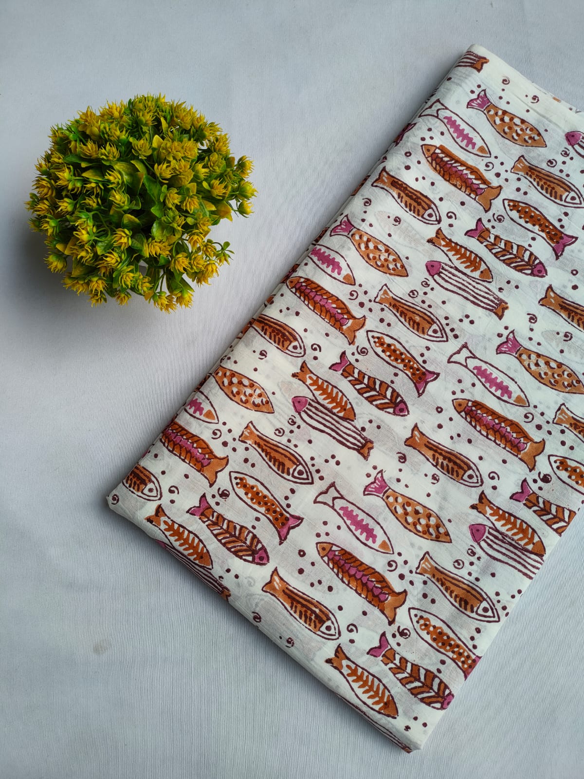 White Fish Pattern Bagru Block Print Cotton Fabric From Tulsi Prints