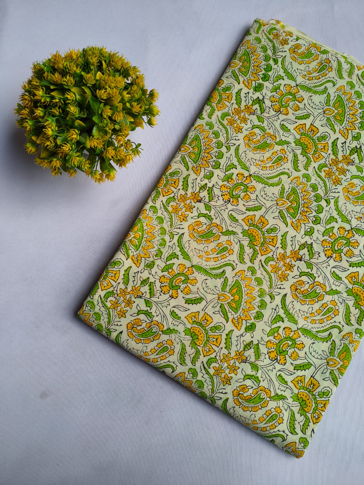 Yellow Green Floral Sanganeri Print Pure Cotton Fabric From Tulsi Prints