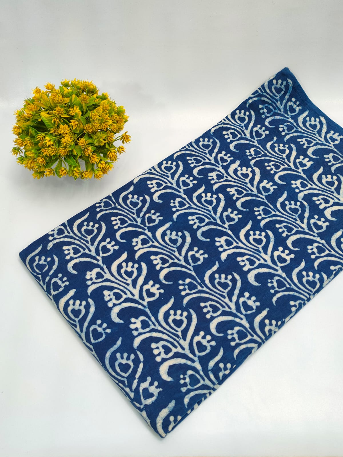 Navy Blue Floral Indigo Print (Dabu Indigo Print) Pure Cotton Fabric From Tulsi Prints