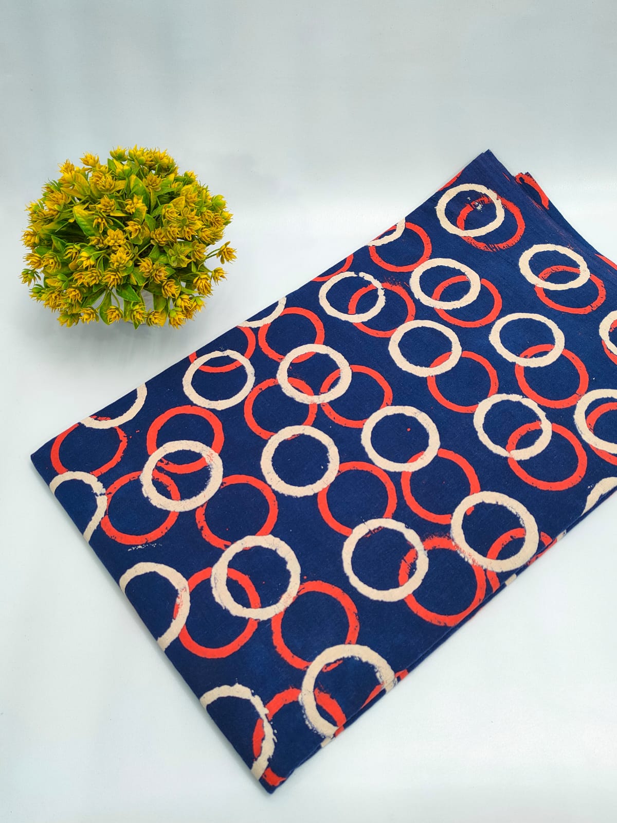 Navy Blue and Red Geometric Dabu Print Pure Cotton Fabric From Tulsi Prints