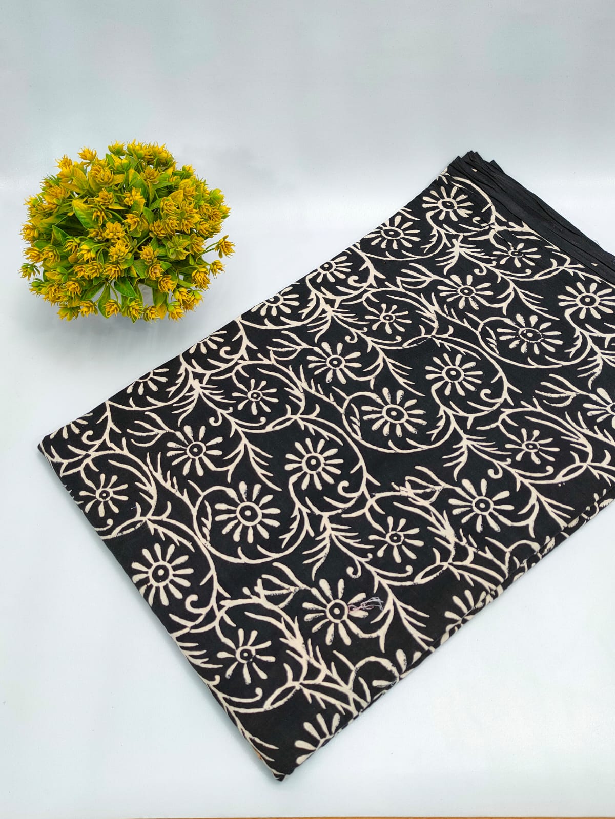Black Floral Dabu Print Pure Cotton Fabric From Tulsi Prints