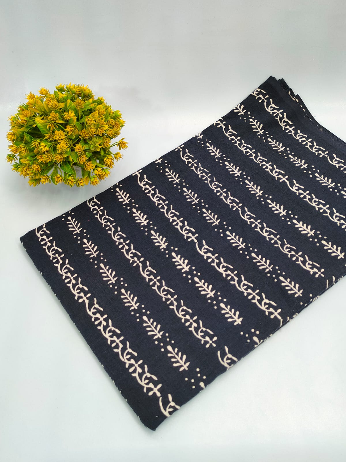 Black Floral Striped Dabu Print Pure Cotton Fabric From Tulsi Prints
