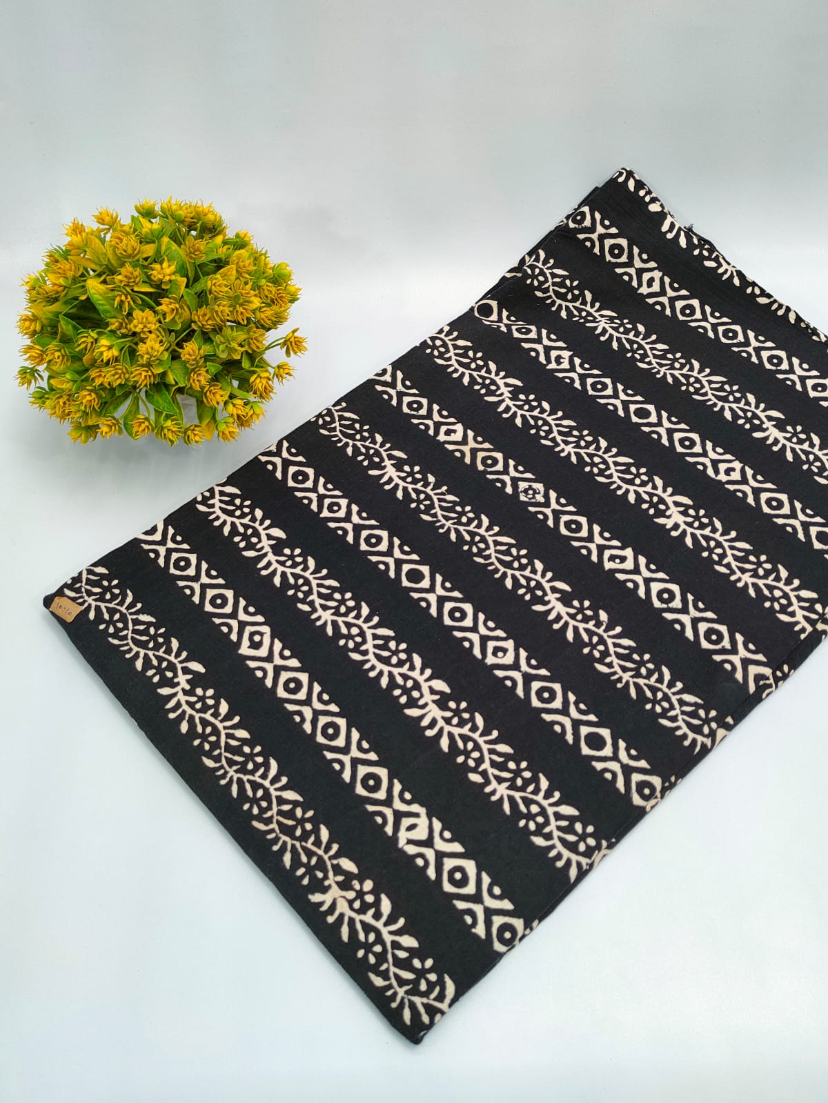 Black and Off-White Floral Stripe Dabu Print Pure Cotton Fabric From Tulsi Prints