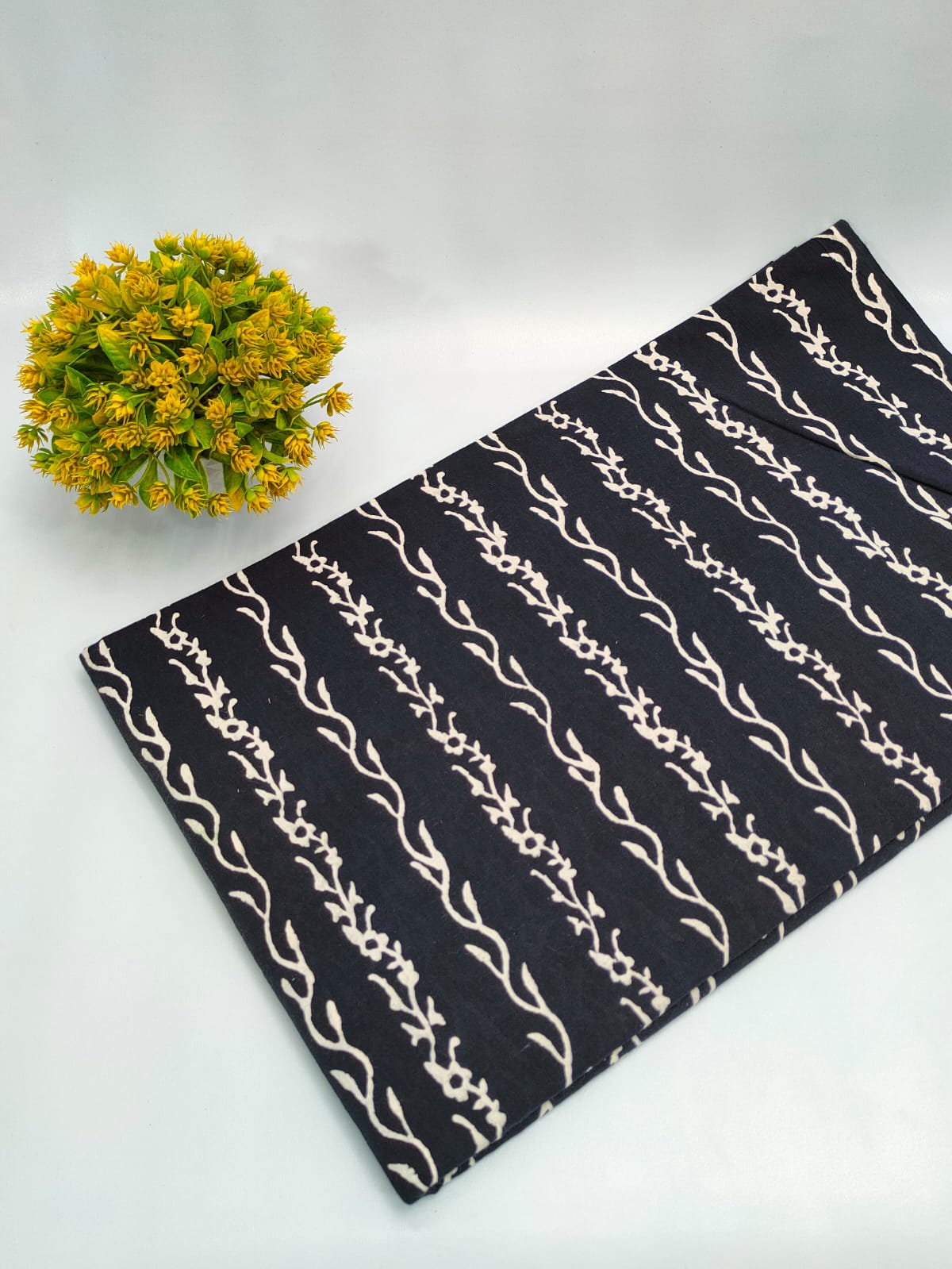 Black Floral Stripe Dabu Print Pure Cotton Fabric From Tulsi Prints