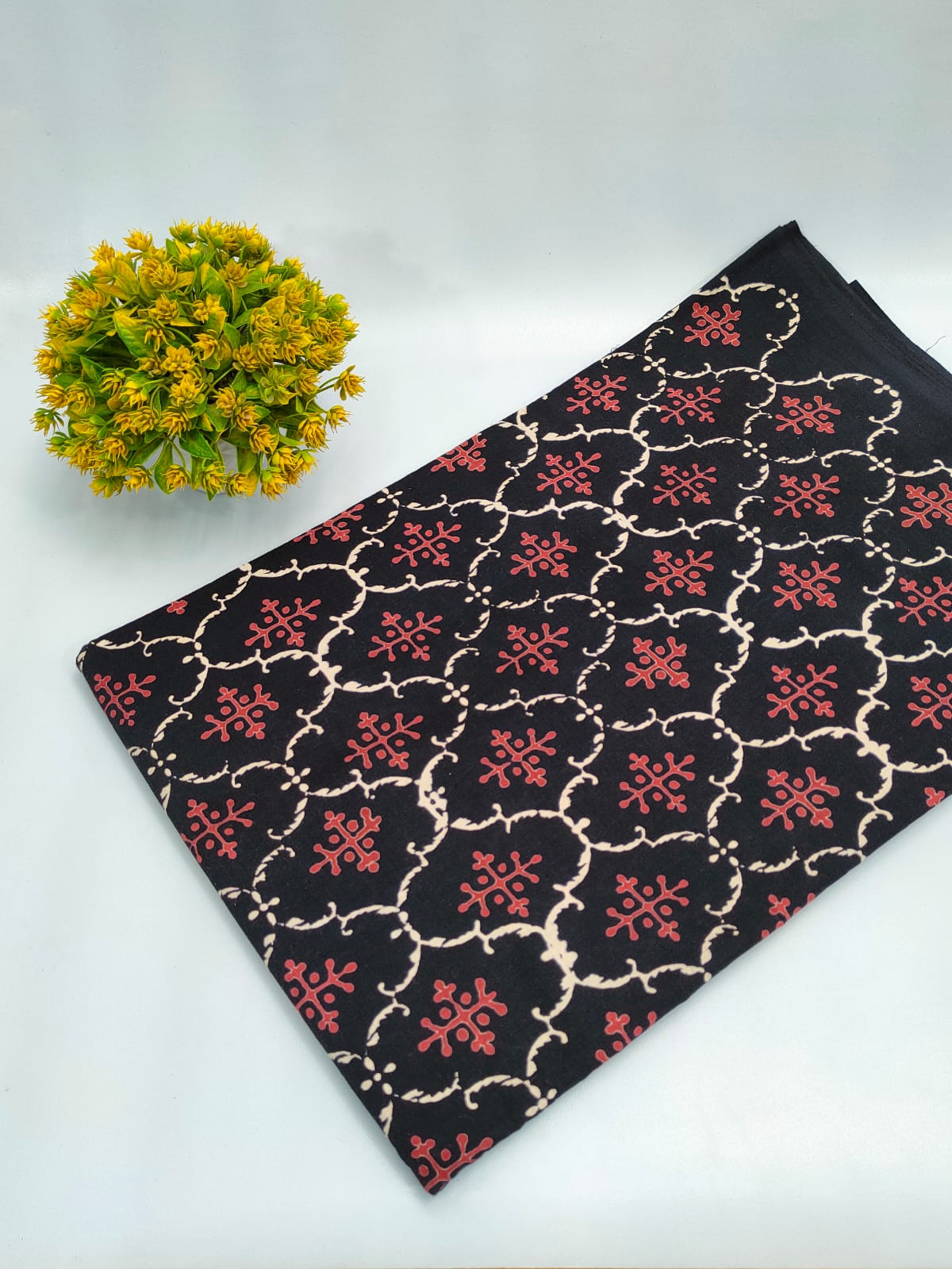 Black and Red Floral Lattice Dabu Print Pure Cotton Fabric From Tulsi Prints