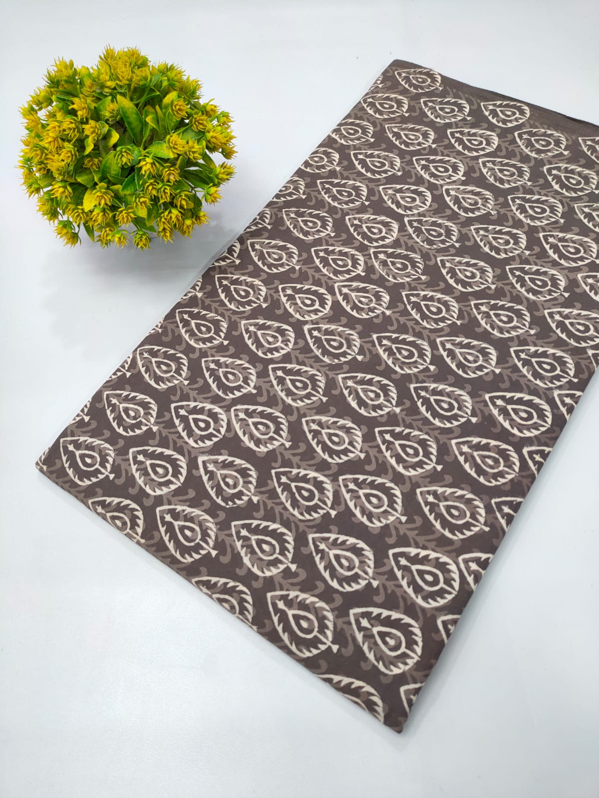 Brown Leaf Motif Dabu Print Pure Cotton Fabric From Tulsi Prints