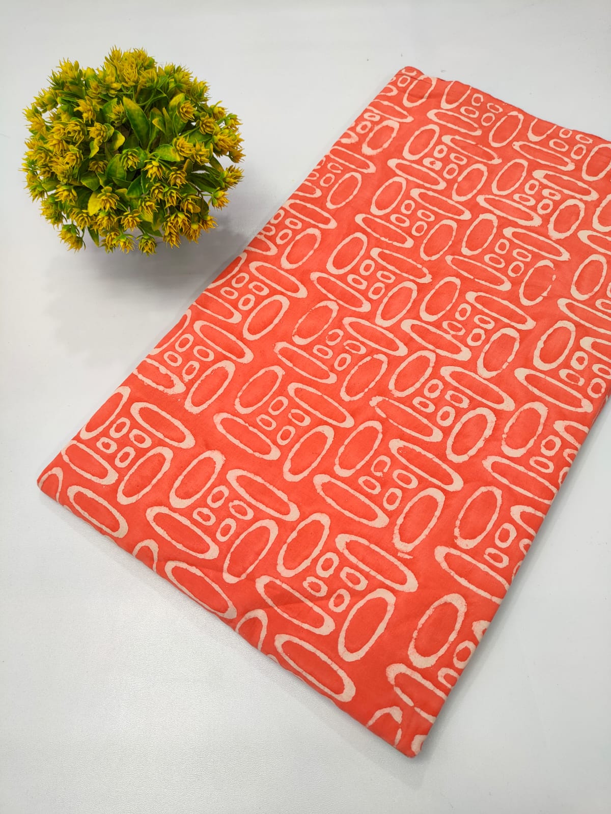 Orange Geometric Dabu Print Pure Cotton Fabric From Tulsi Prints
