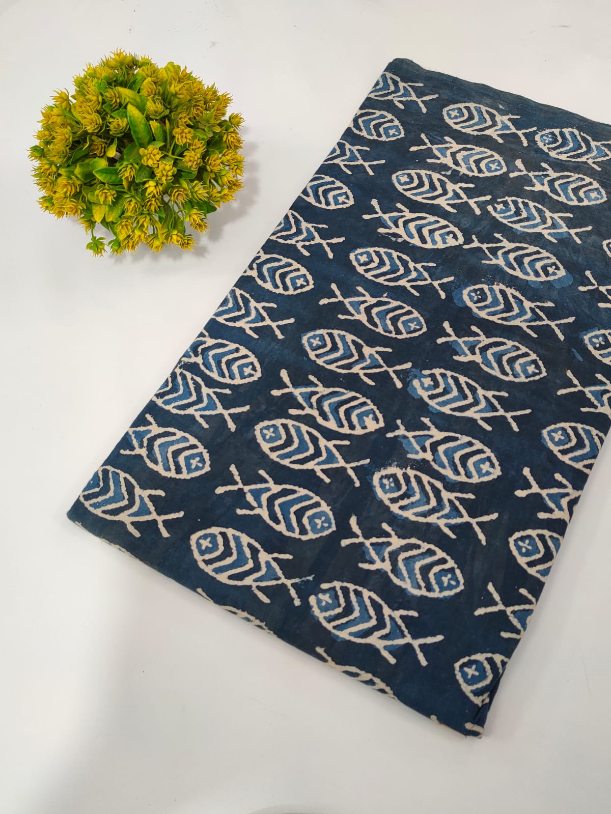 Navy Blue Fish Motif Indigo Print Pure Cotton Fabric From Tulsi Prints
