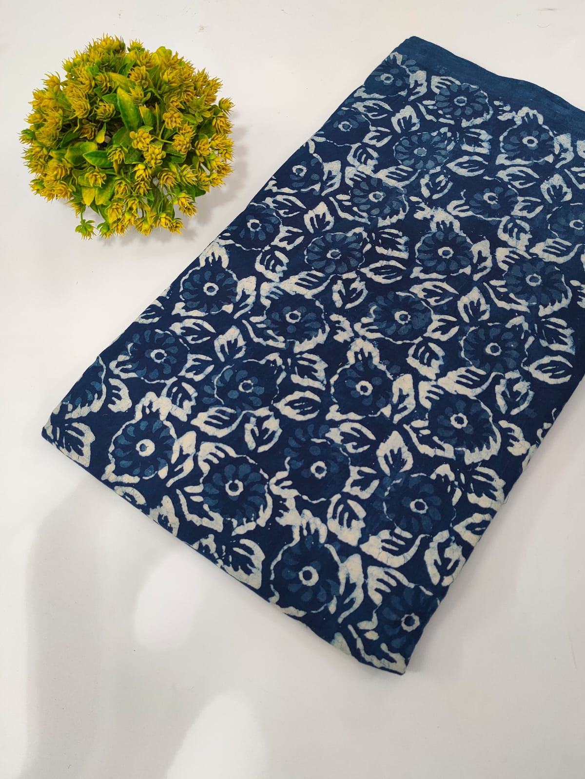 Navy Blue Floral Indigo Print (Dabu Indigo Print) Pure Cotton Fabric From Tulsi Prints