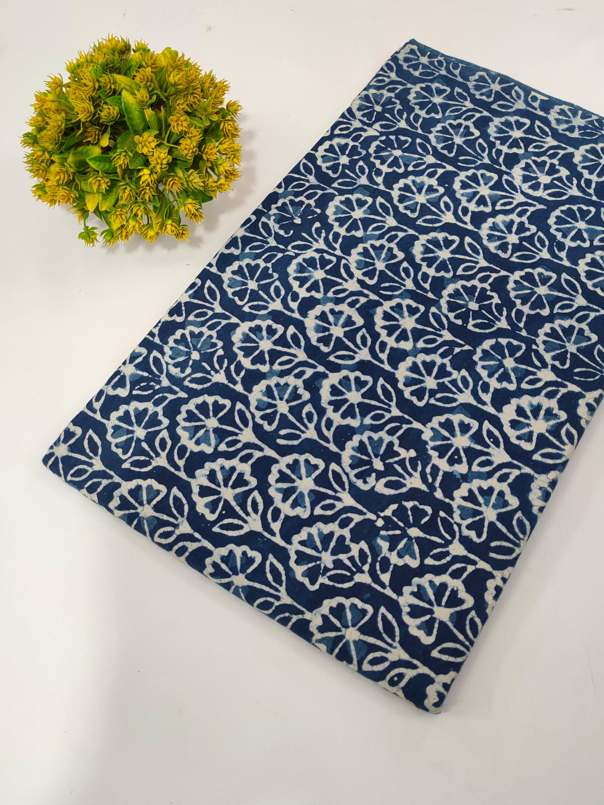 Navy Blue Floral Indigo Print (Dabu Indigo Print) Pure Cotton Fabric From Tulsi Prints
