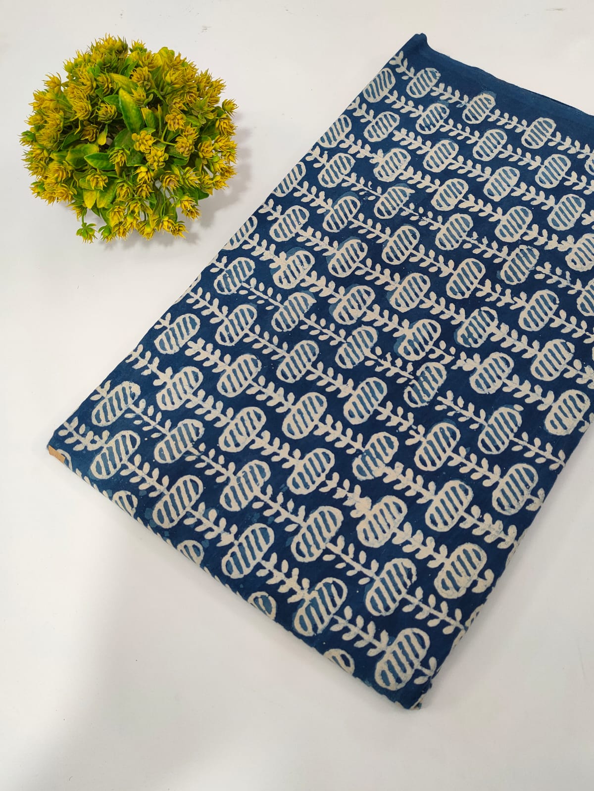 Navy Blue Floral Vine Indigo Print (Dabu Indigo Print) Pure Cotton Fabric From Tulsi Prints