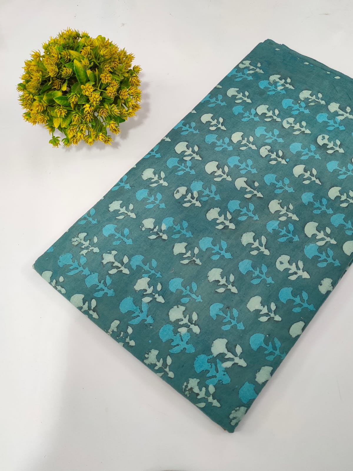 Teal Blue Floral Dabu Print Pure Cotton Fabric From Tulsi Prints