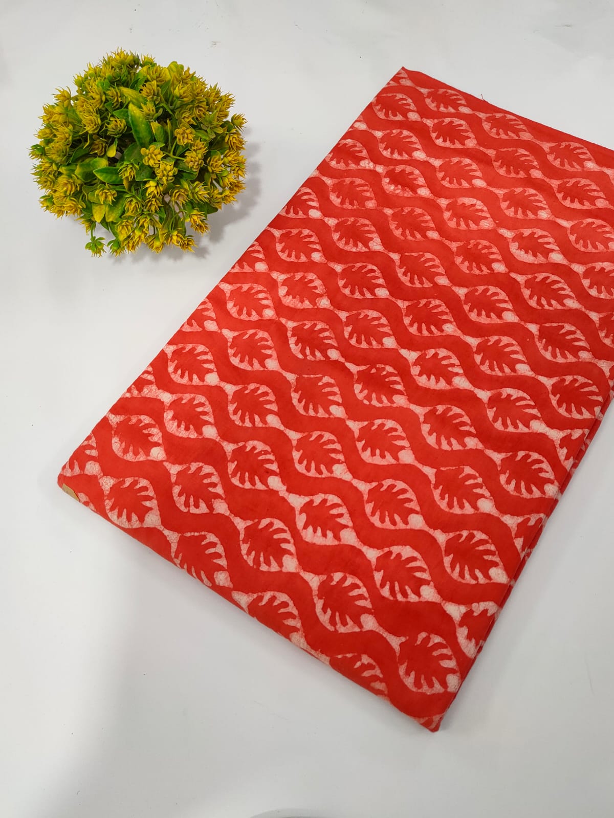 Red Leaf Wave Dabu Print Pure Cotton Fabric From Tulsi Prints