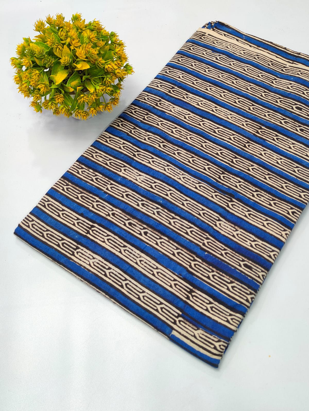 Navy Blue Striped Geometric Indigo Print (Dabu Indigo Print) Pure Cotton Fabric From Tulsi Prints