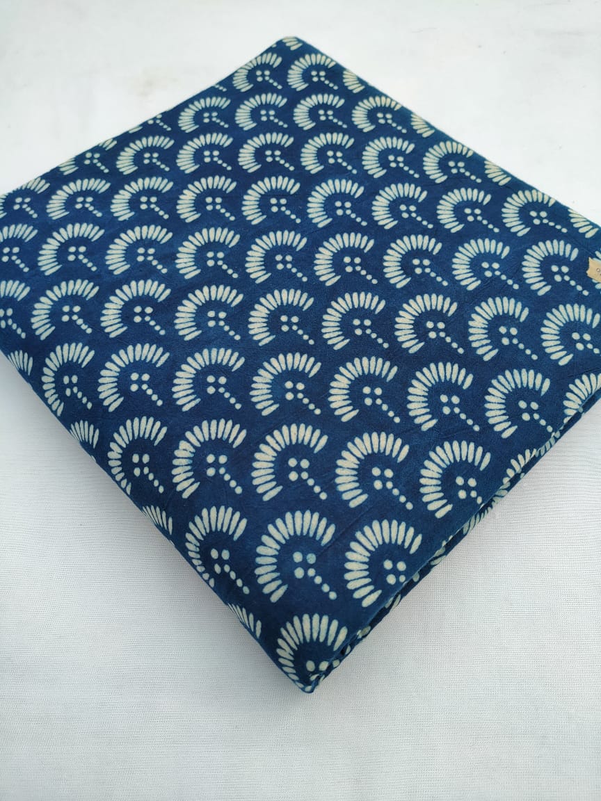 Navy Blue Fan Motif Indigo Dabu Print Cotton Fabric From Tulsi Prints