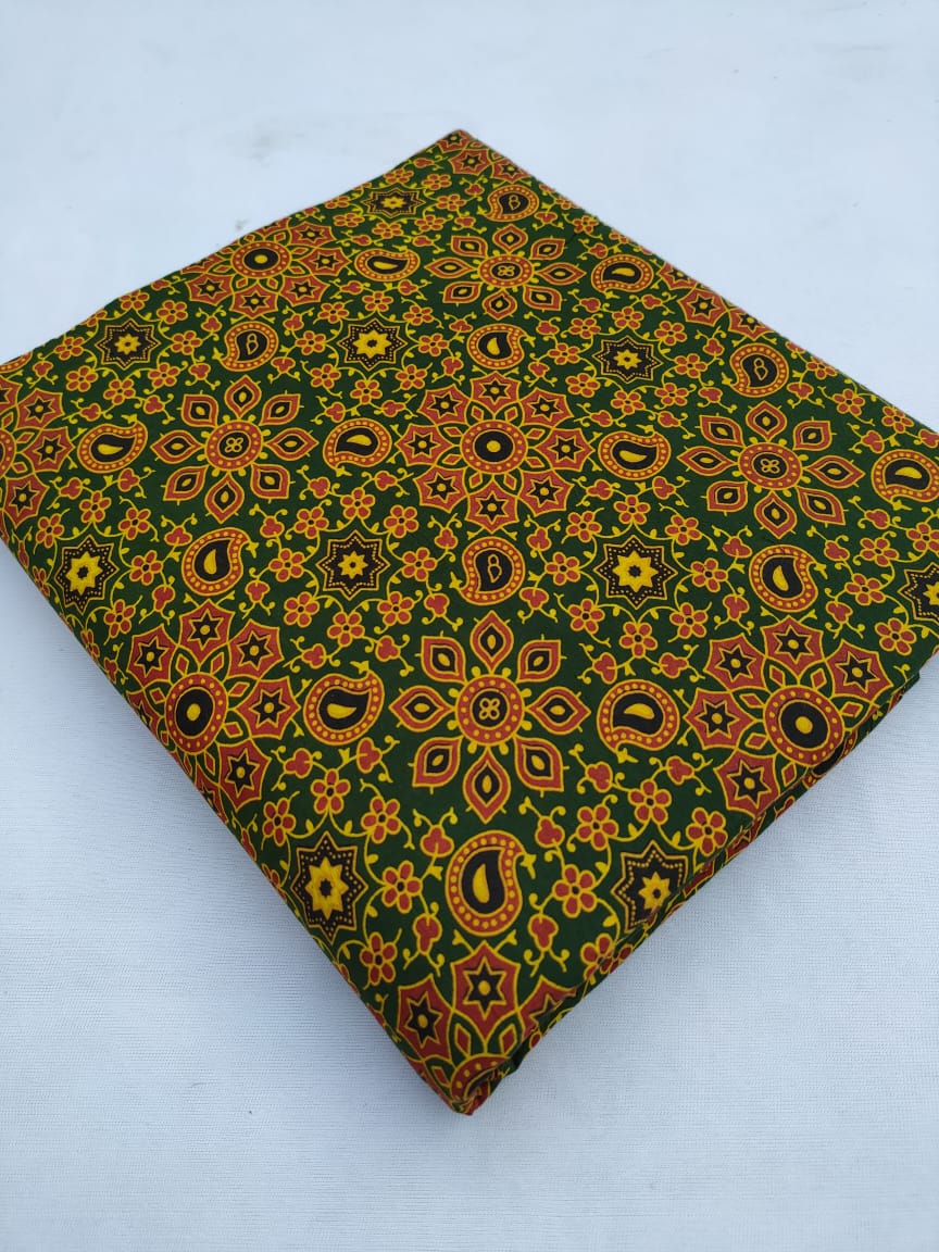 Green Floral Ajrakh Pure Cotton Fabric From Tulsi Prints