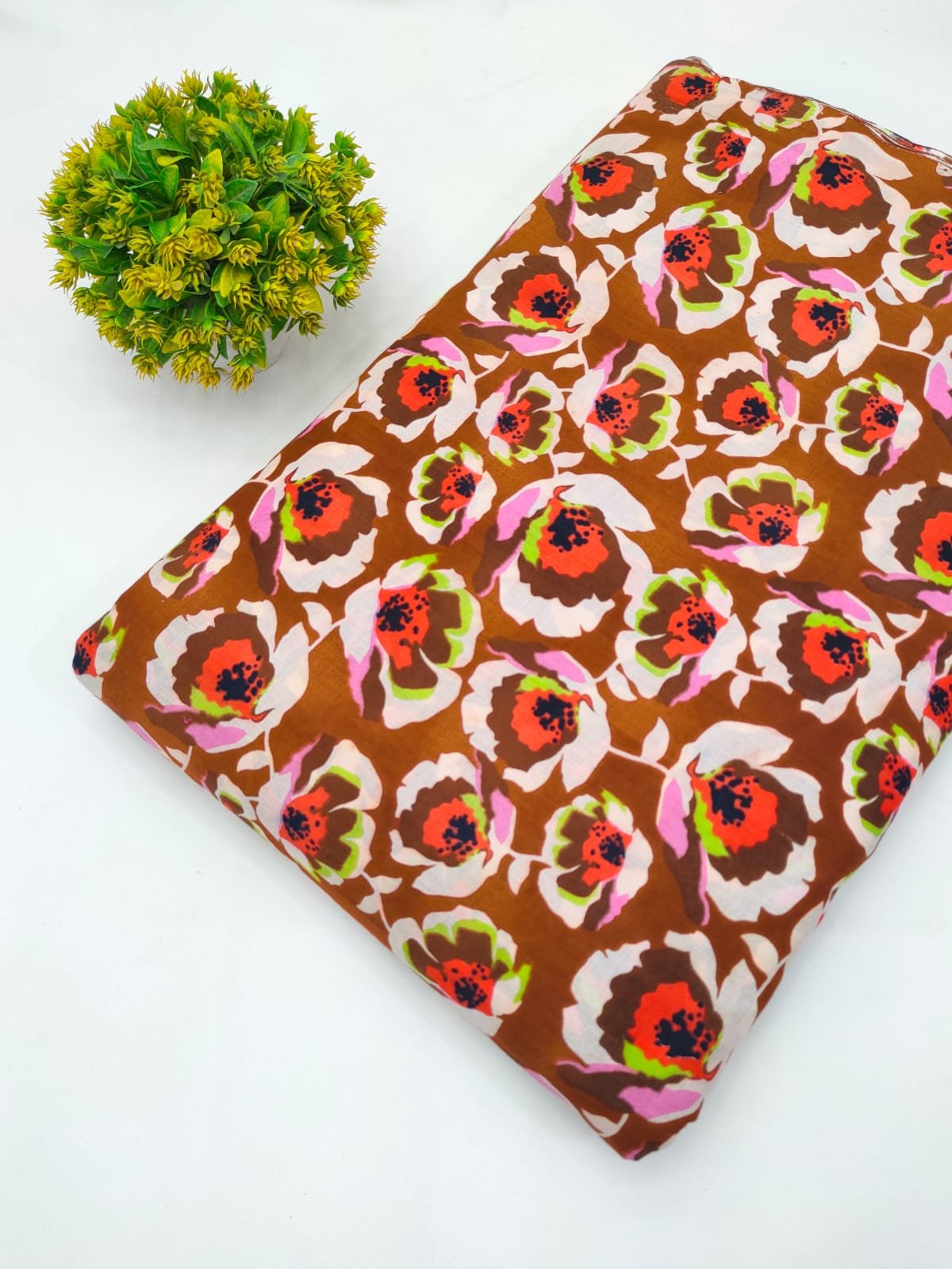 Brown Floral Screen Print Pure Cotton Fabric From Tulsi Prints