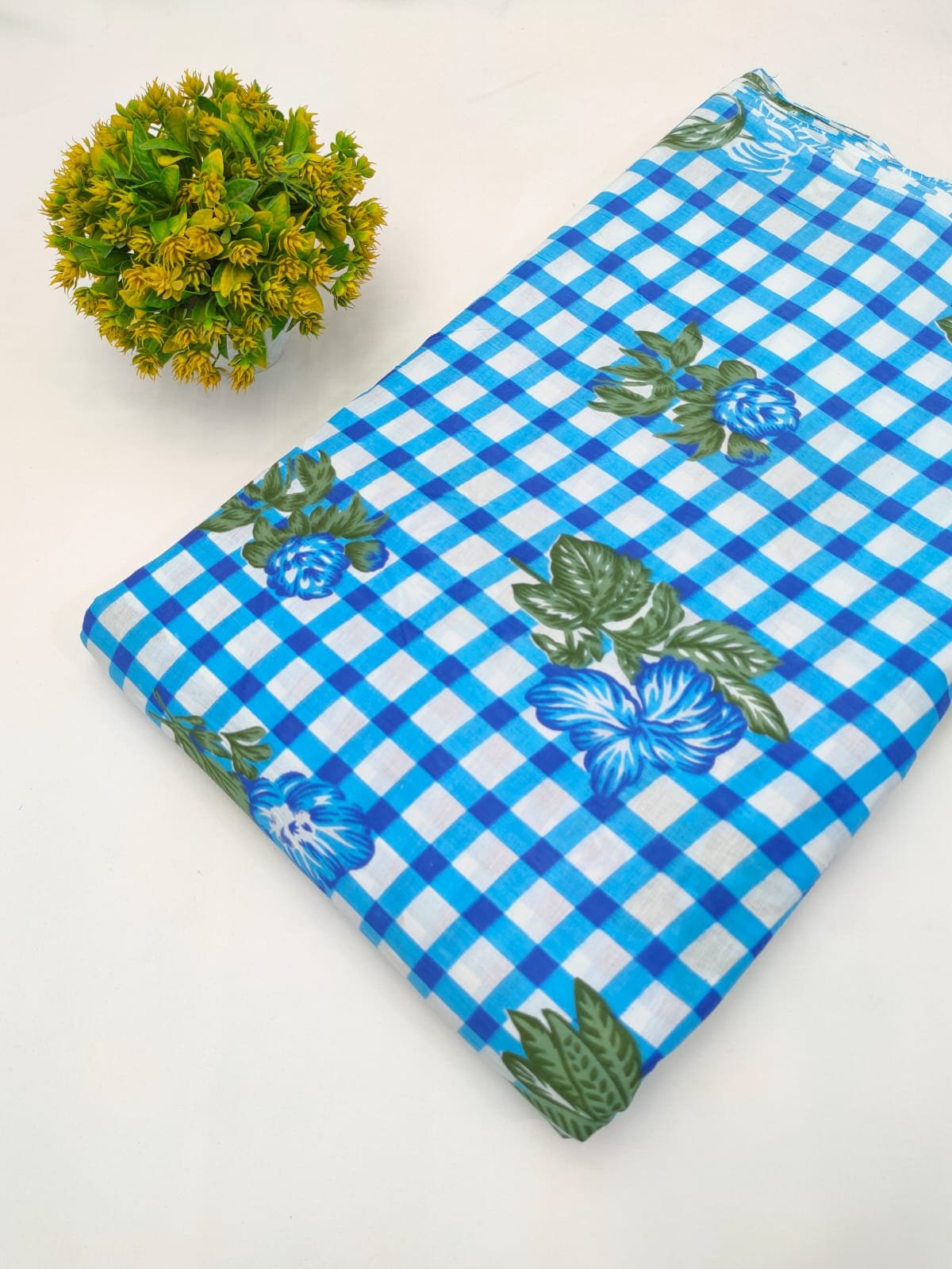 Blue Gingham Floral Screen Print Pure Cotton Fabric From Tulsi Prints