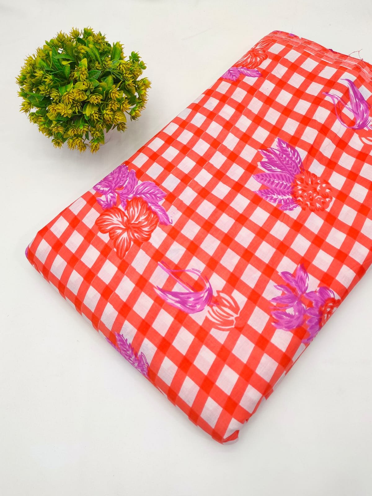 Red Gingham Floral Screen Print Pure Cotton Fabric From Tulsi Prints