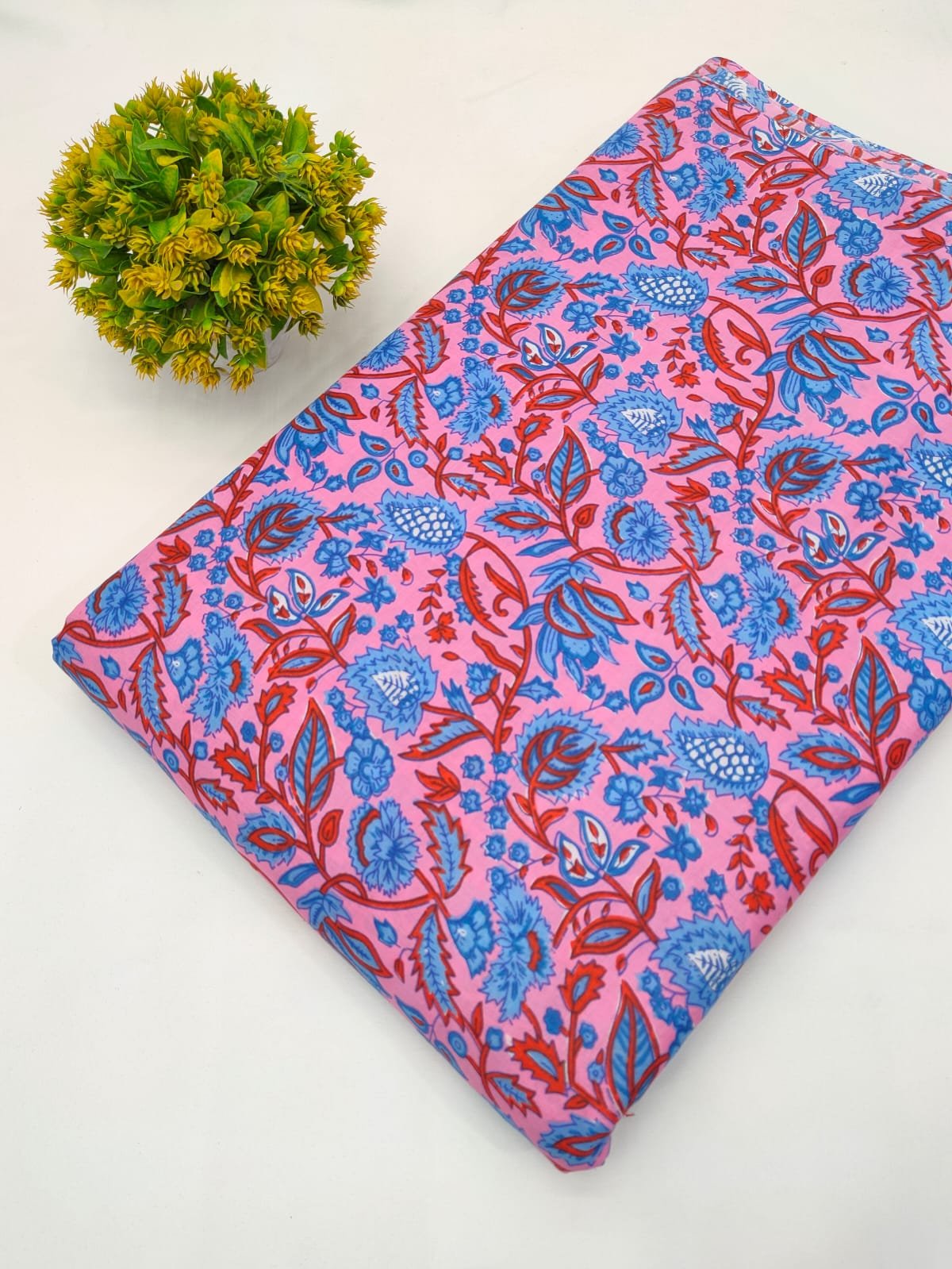 Pink Floral Vine Screen Print Pure Cotton Fabric From Tulsi Prints