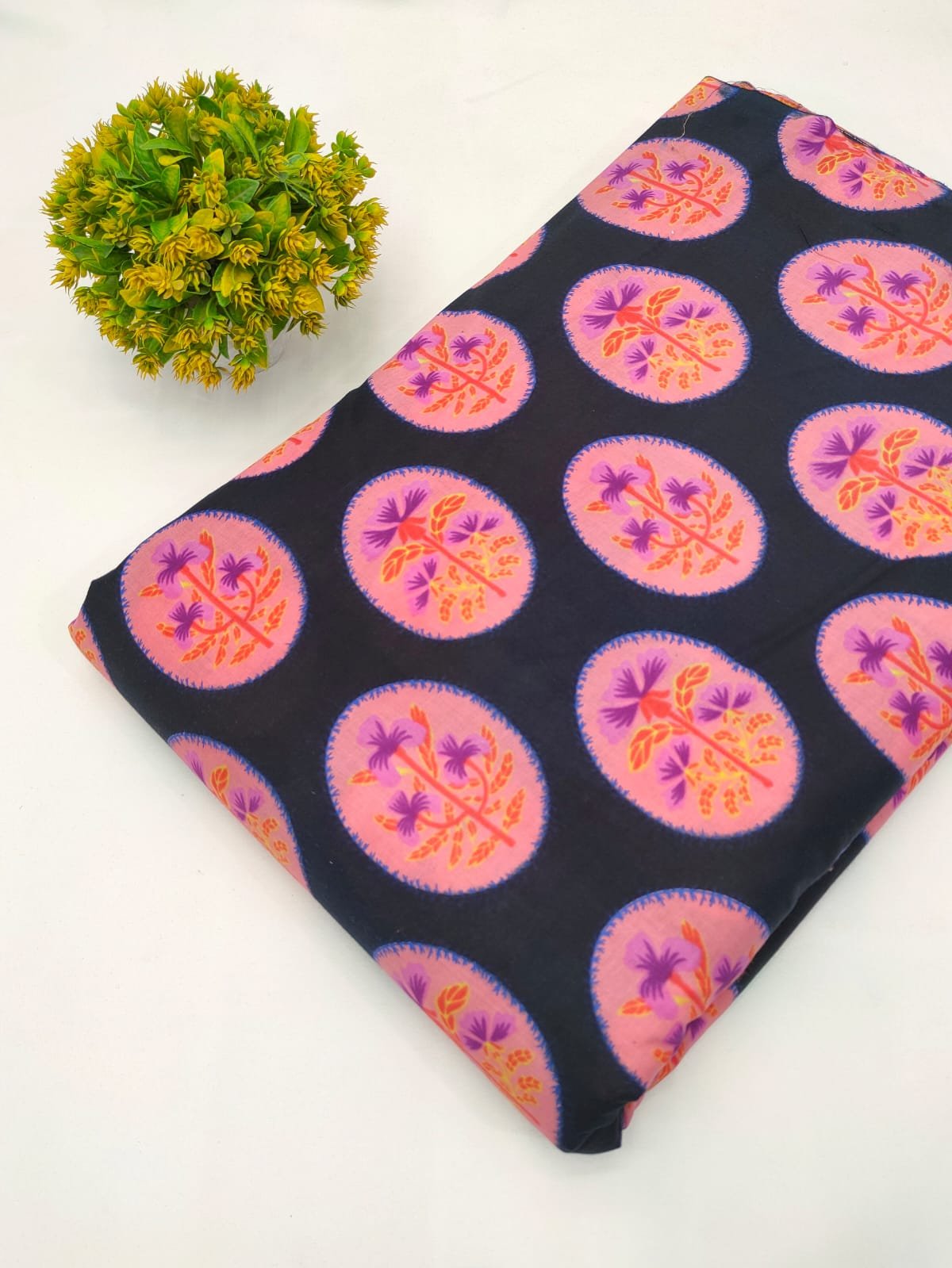 Navy Blue Floral Circle Screen Print Pure Cotton Fabric From Tulsi Prints