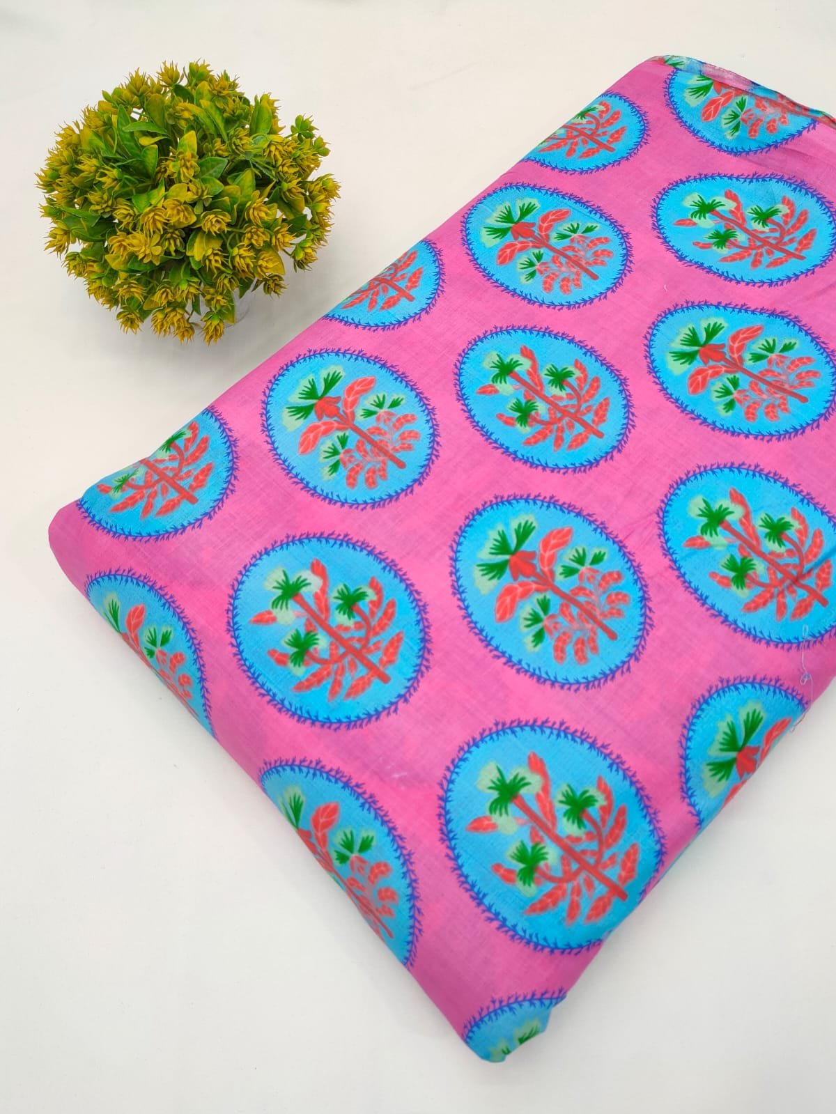 Pink Circular Floral Screen Print Pure Cotton Fabric From Tulsi Prints