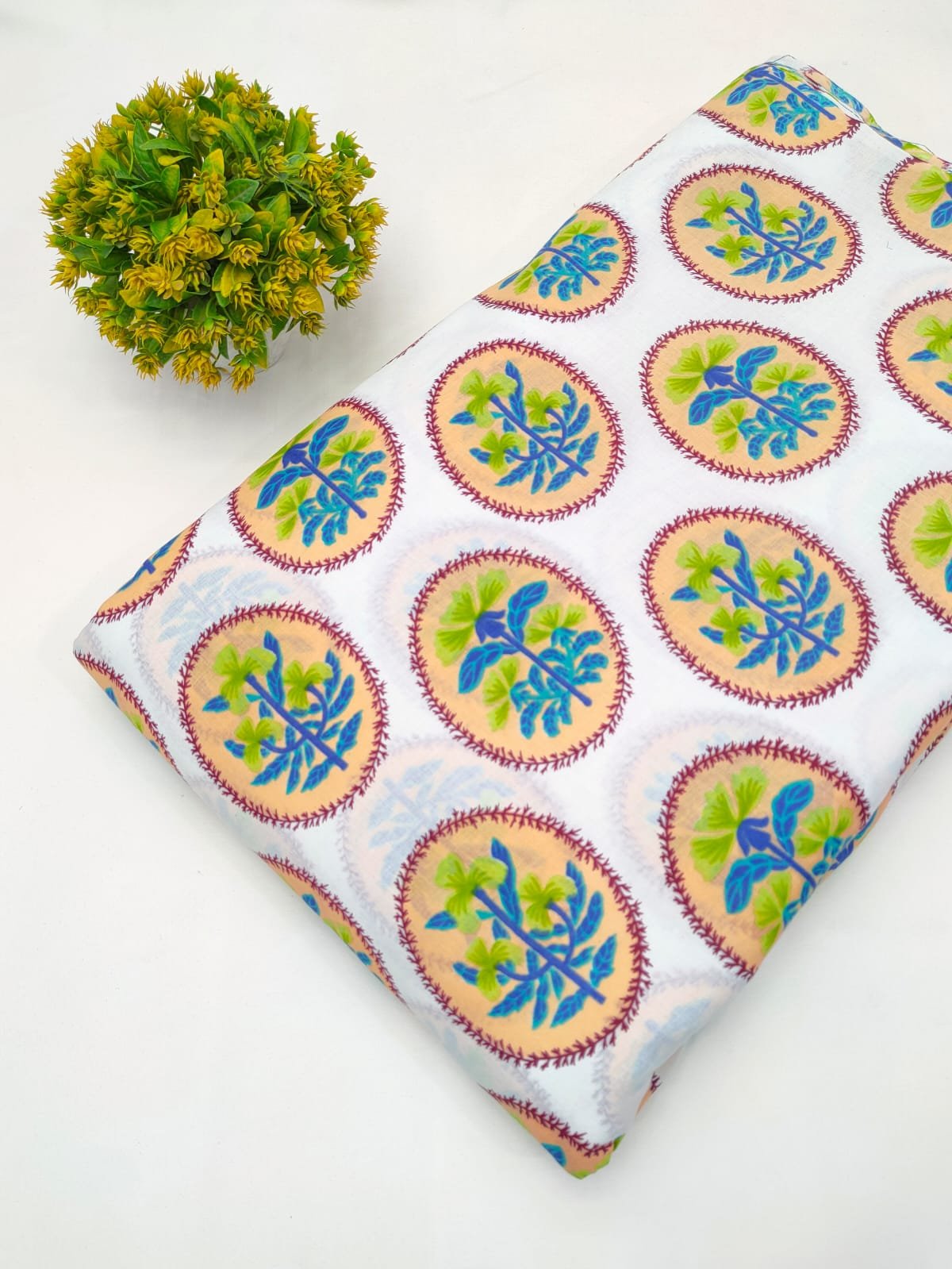 White Floral Circular Screen Print Pure Cotton Fabric From Tulsi Prints