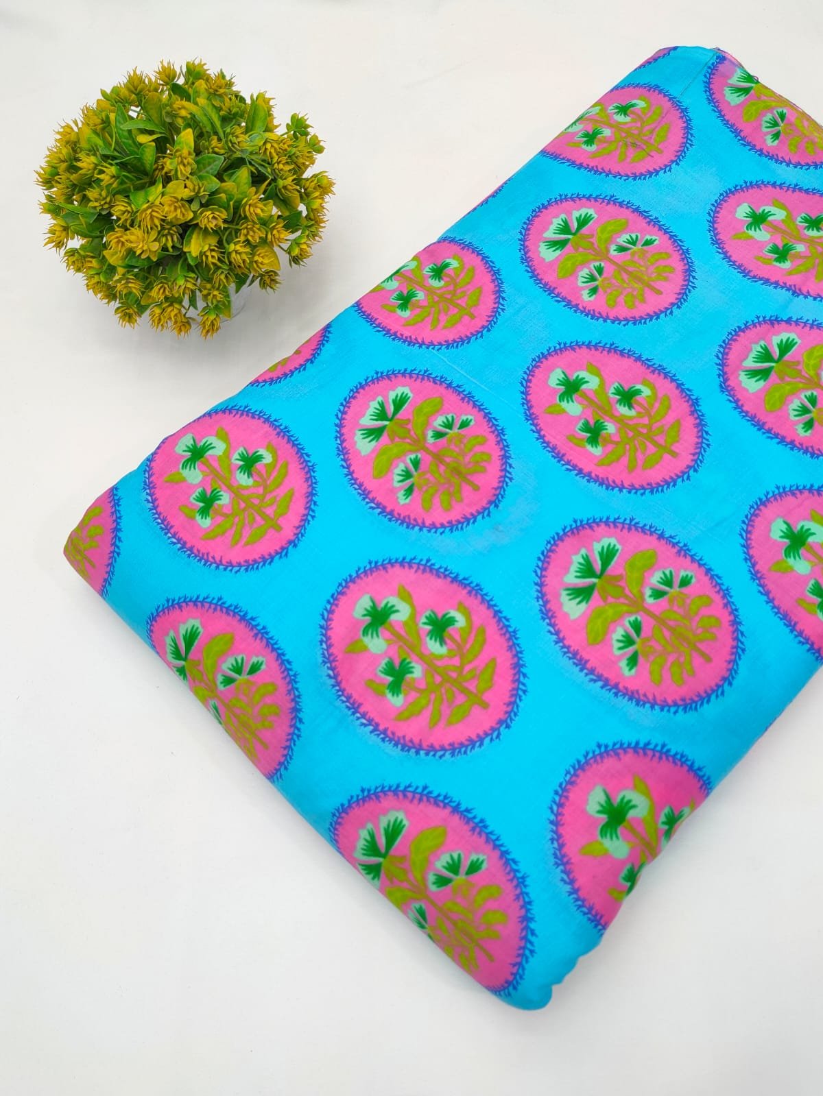 Bright Blue Floral Motif Screen Print Pure Cotton Fabric From Tulsi Prints