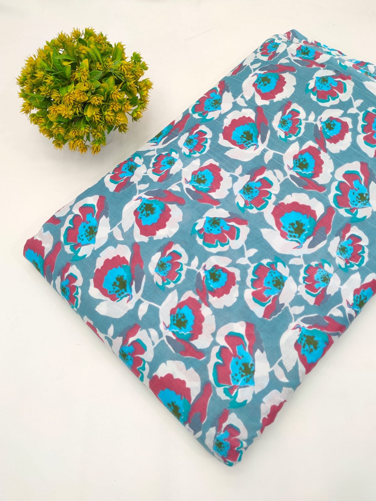 Teal Floral Screen Print Pure Cotton Fabric From Tulsi Prints