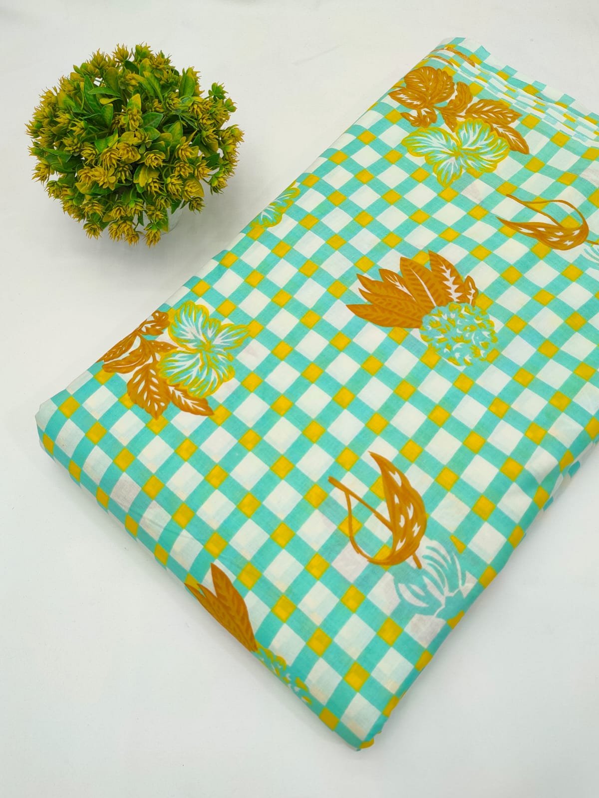 Aqua Green Checkered Floral Screen Print Pure Cotton Fabric From Tulsi Prints