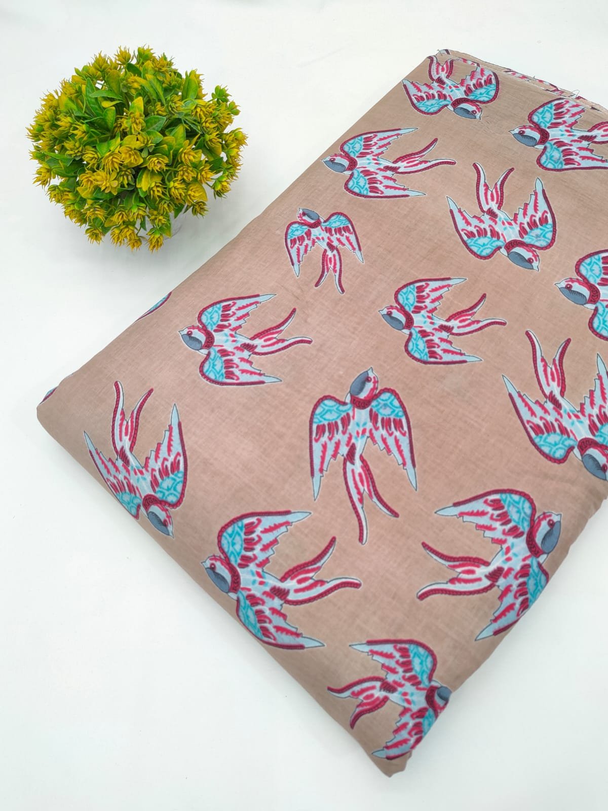 Pink Bird Motif Screen Print Pure Cotton Fabric From Tulsi Prints