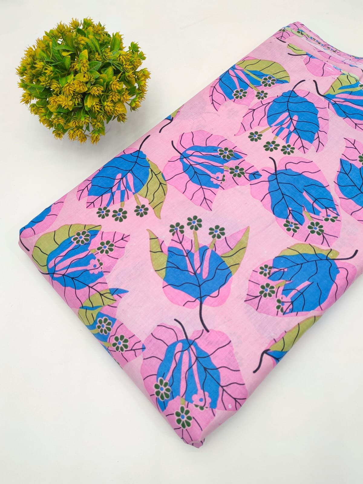 Pink Leaf Print Screen Print Pure Cotton Fabric From Tulsi Prints