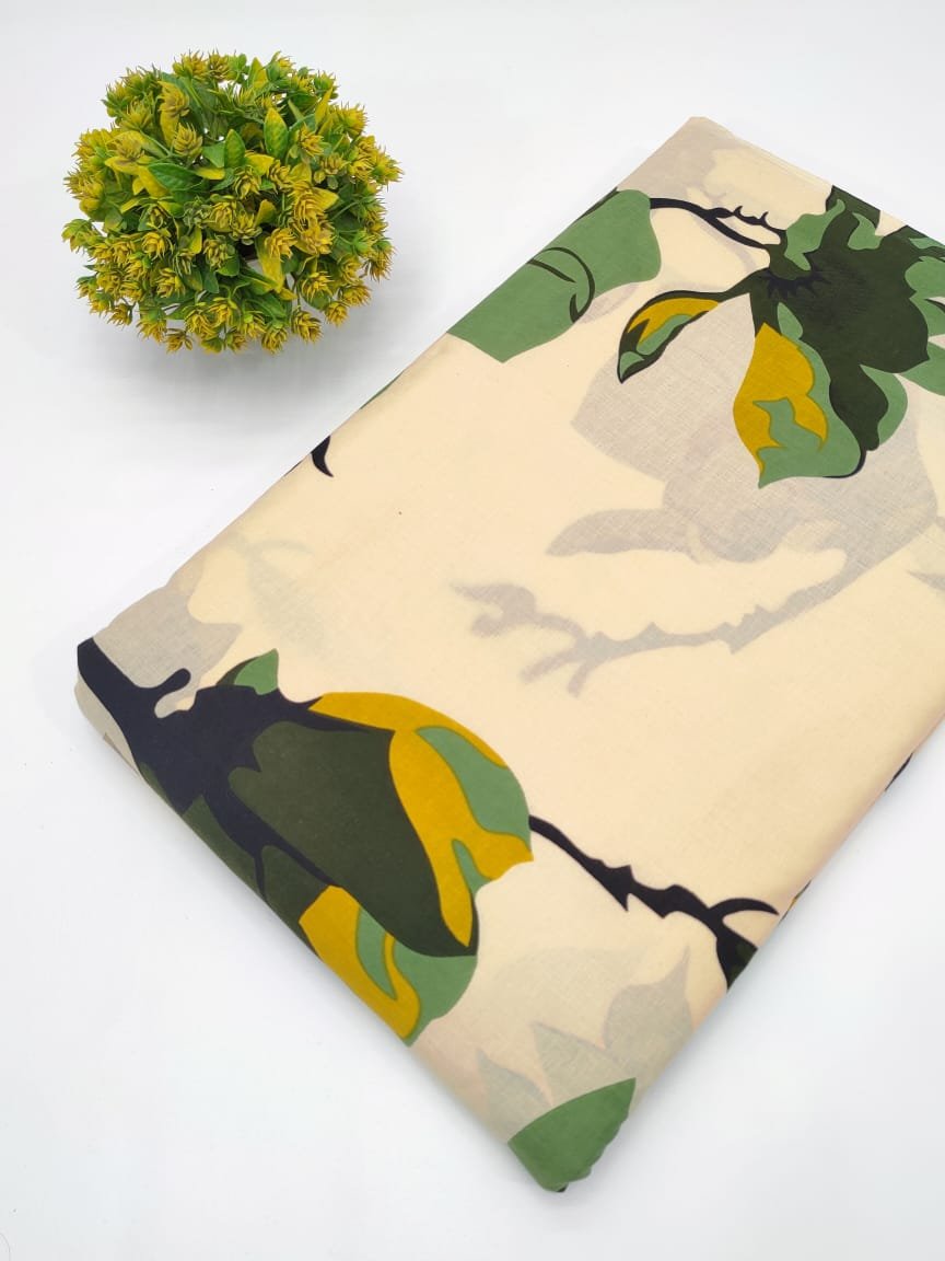 Beige Botanical Bloom Screen Print Pure Cotton Fabric From Tulsi Prints
