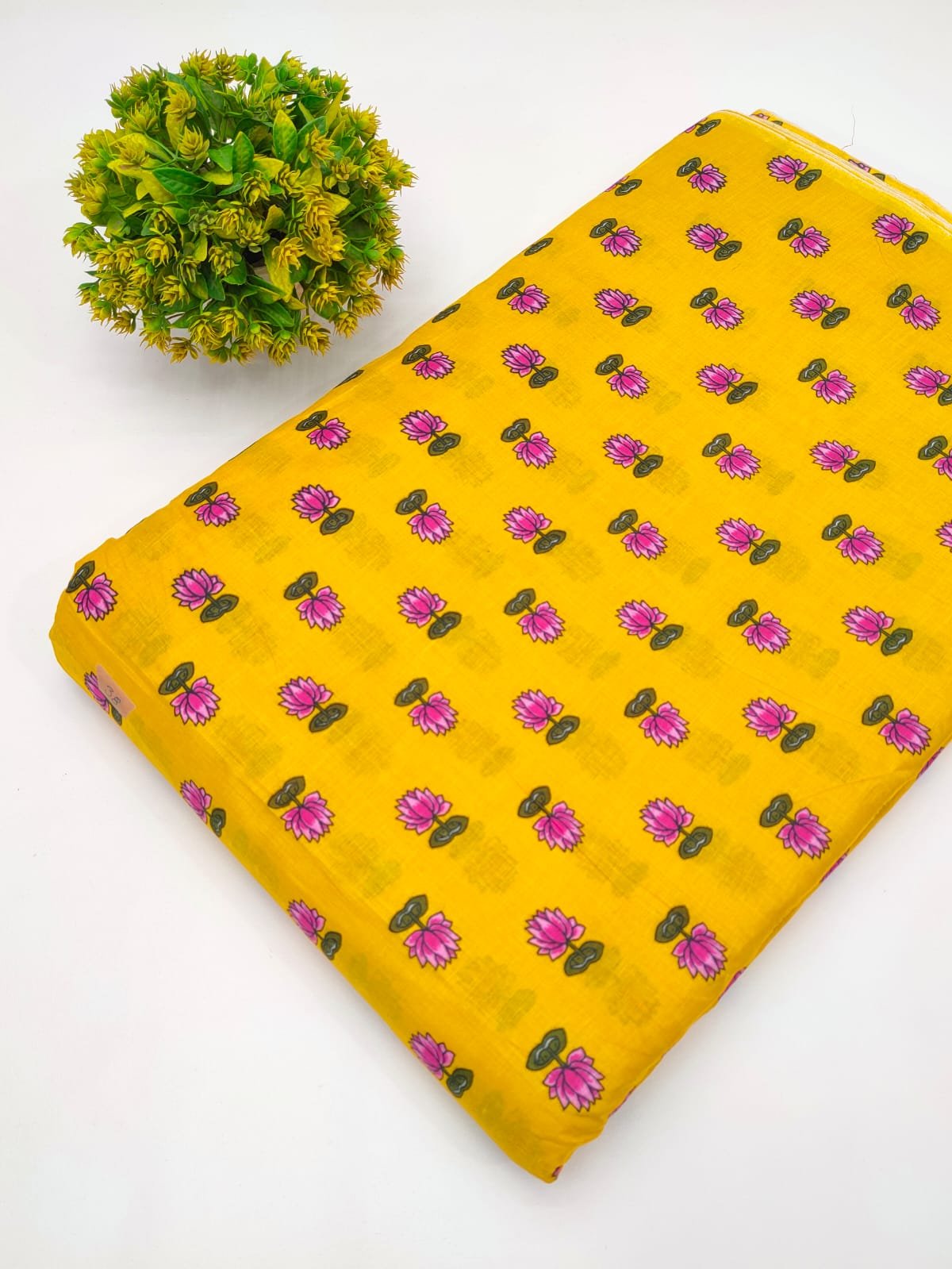 Yellow Lotus Motif Screen Print Pure Cotton Fabric From Tulsi Prints