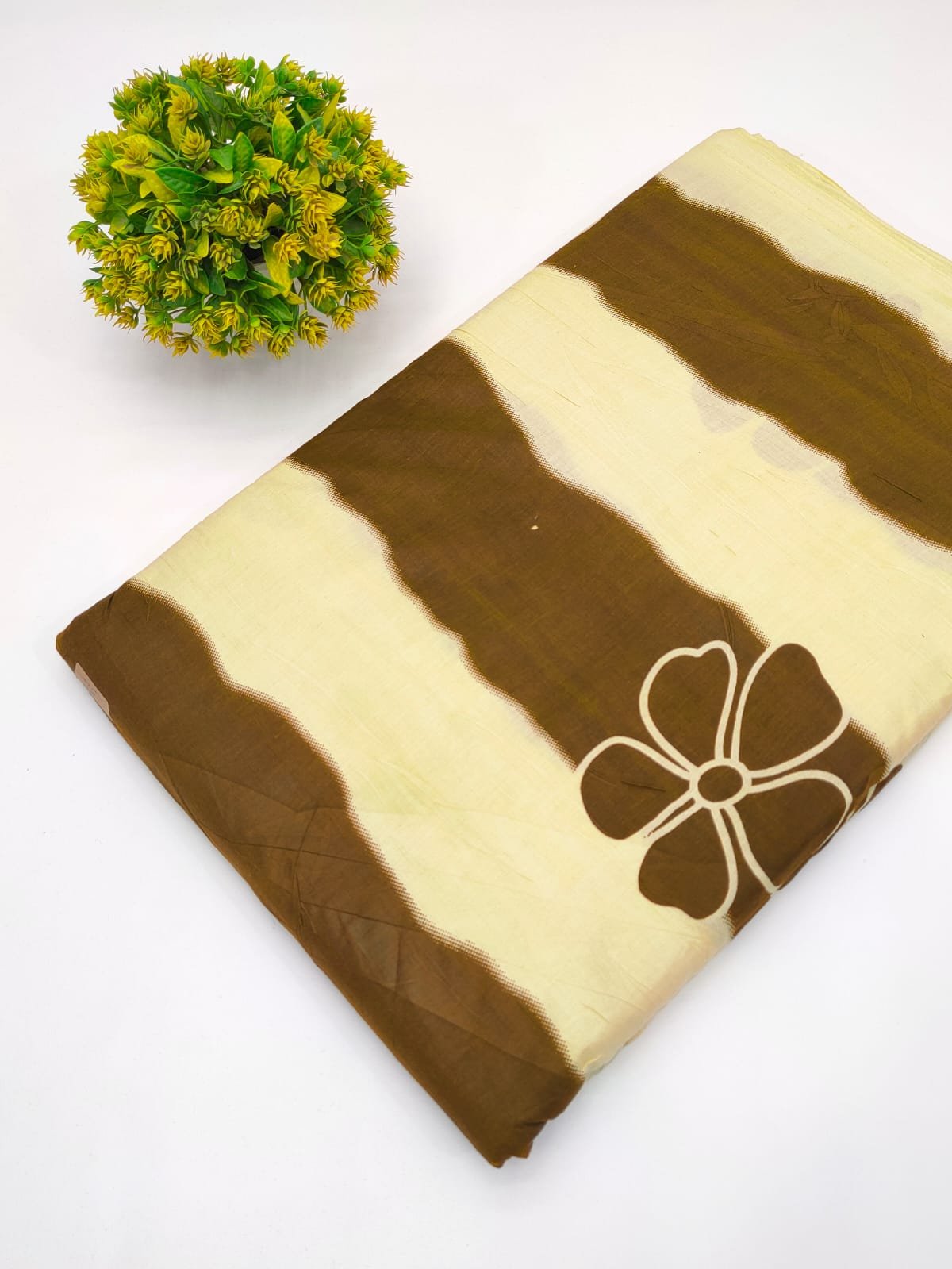 Beige and Brown Striped Floral Motif Screen Print Pure Cotton Fabric From Tulsi Prints