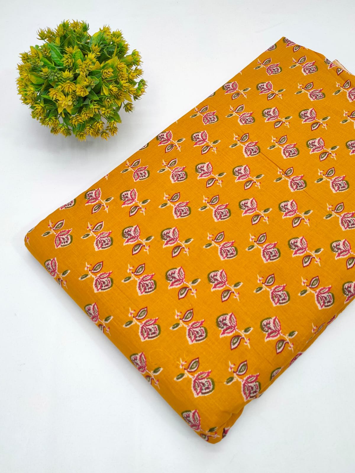 Mustard Yellow Floral Buti Screen Print Pure Cotton Fabric From Tulsi Prints