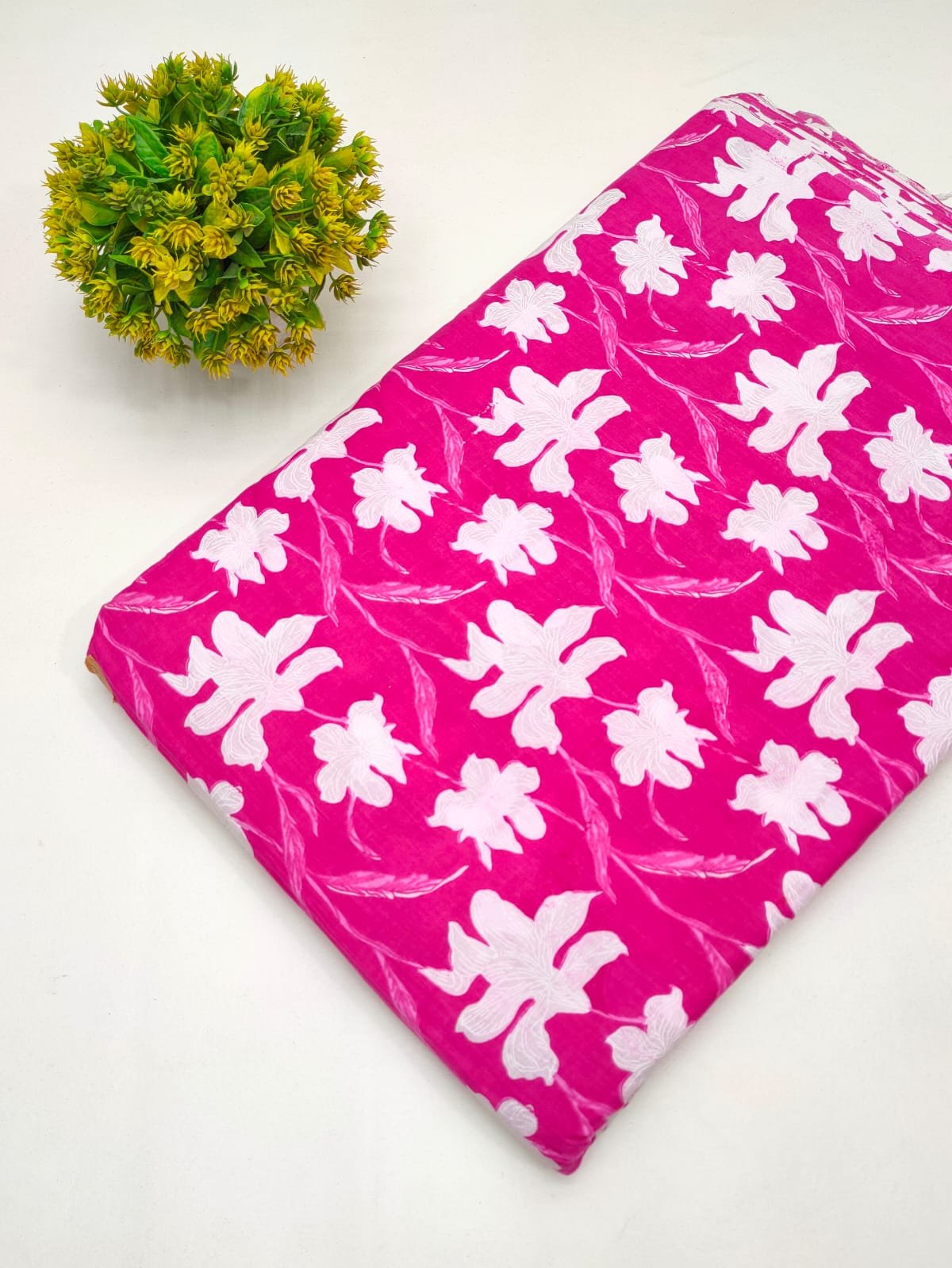 Magenta White Floral Vine Screen Print Pure Cotton Fabric From Tulsi Prints