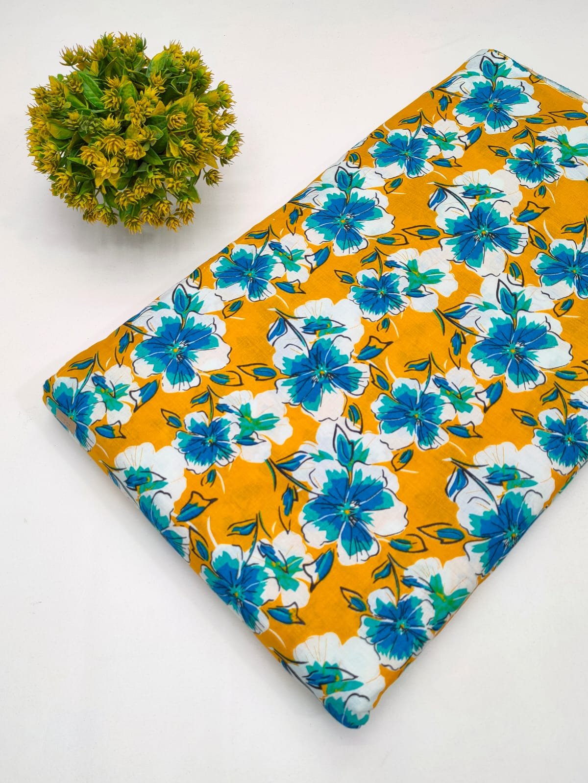 Mustard Yellow Floral Boota Screen Print Pure Cotton Fabric From Tulsi Prints