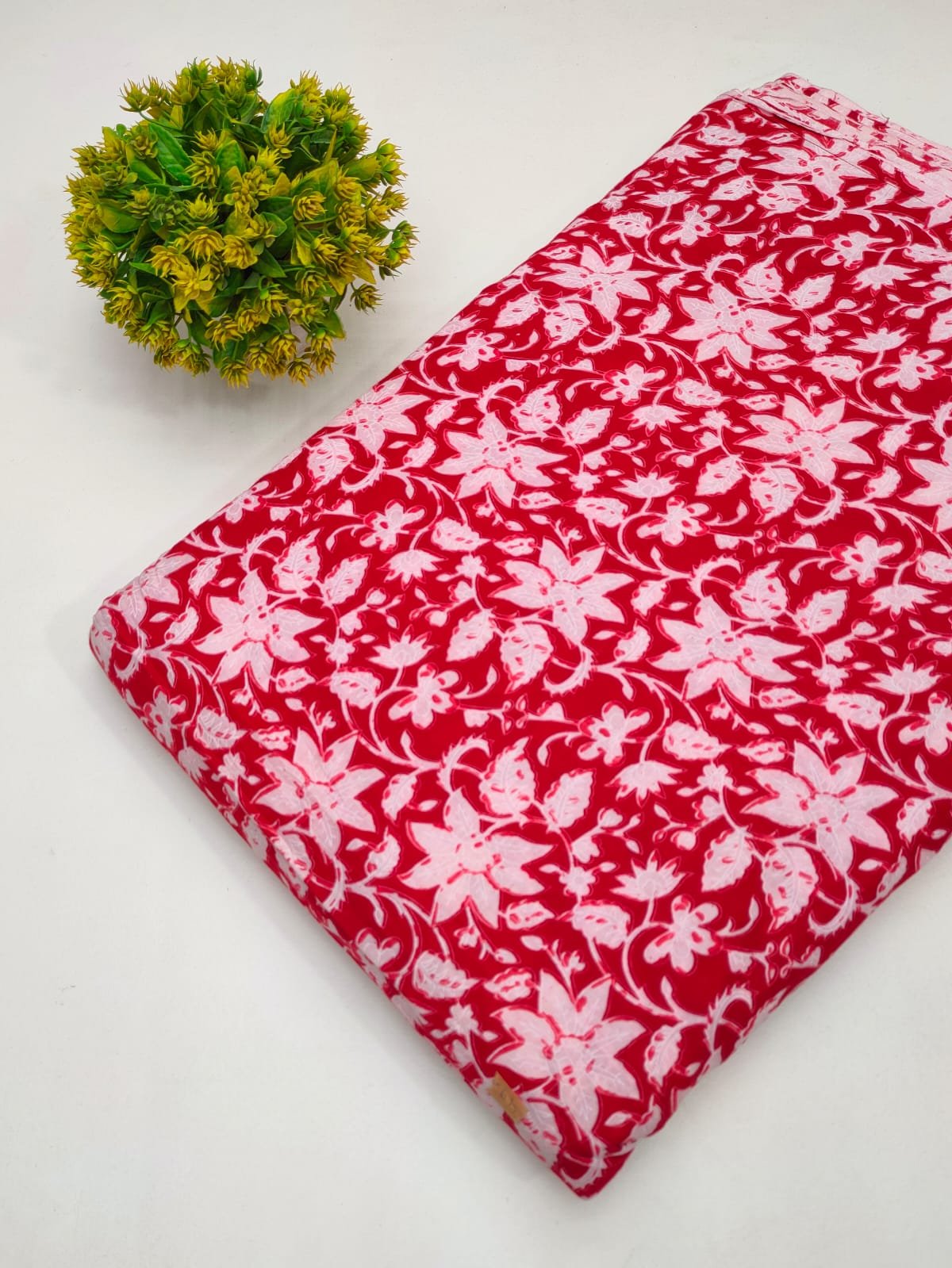 Red Floral Vine Screen Print Pure Cotton Fabric From Tulsi Prints
