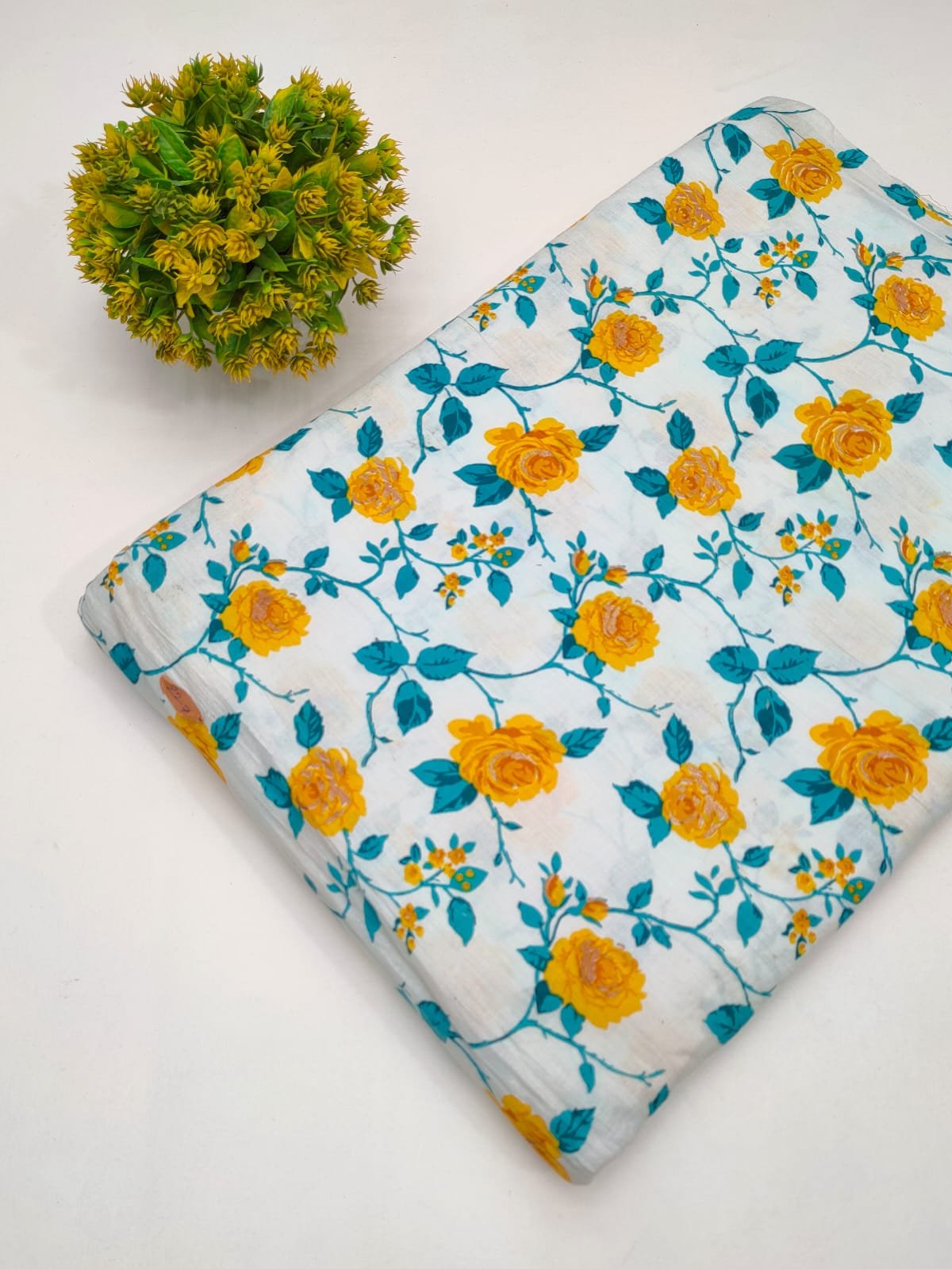 White and Yellow Floral Vine Screen Print Pure Cotton Fabric From Tulsi Prints