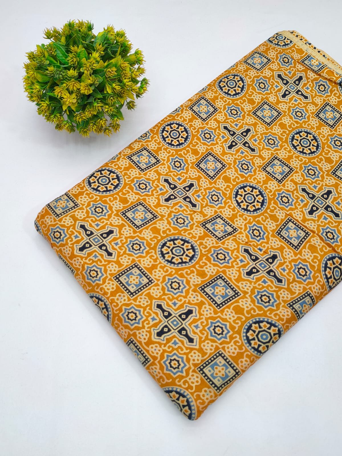 Mustard Yellow Geometric Mandala Screen Print Pure Cotton Fabric From Tulsi Prints