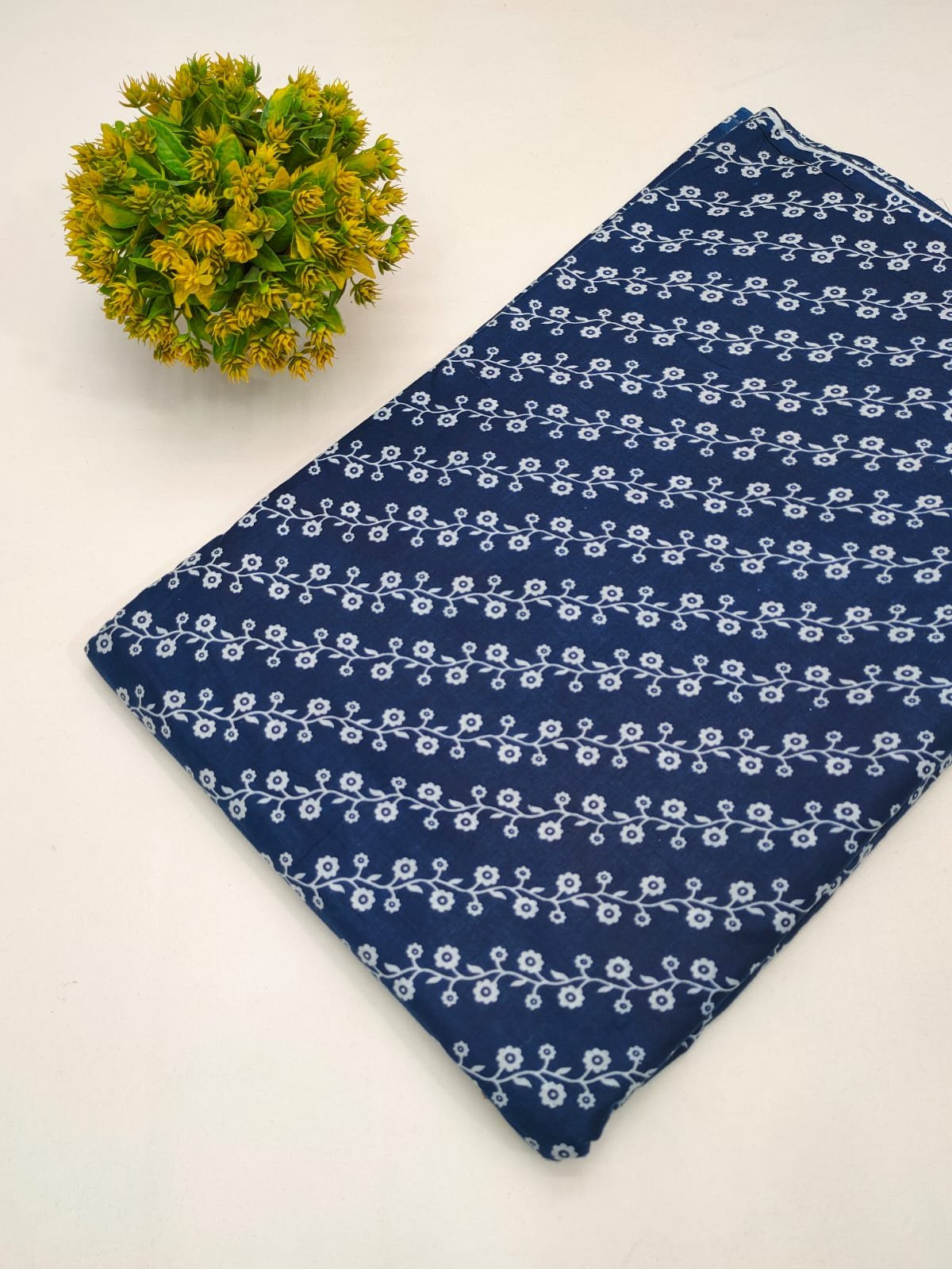 Navy Blue Floral Vine Screen Print Pure Cotton Fabric From Tulsi Prints