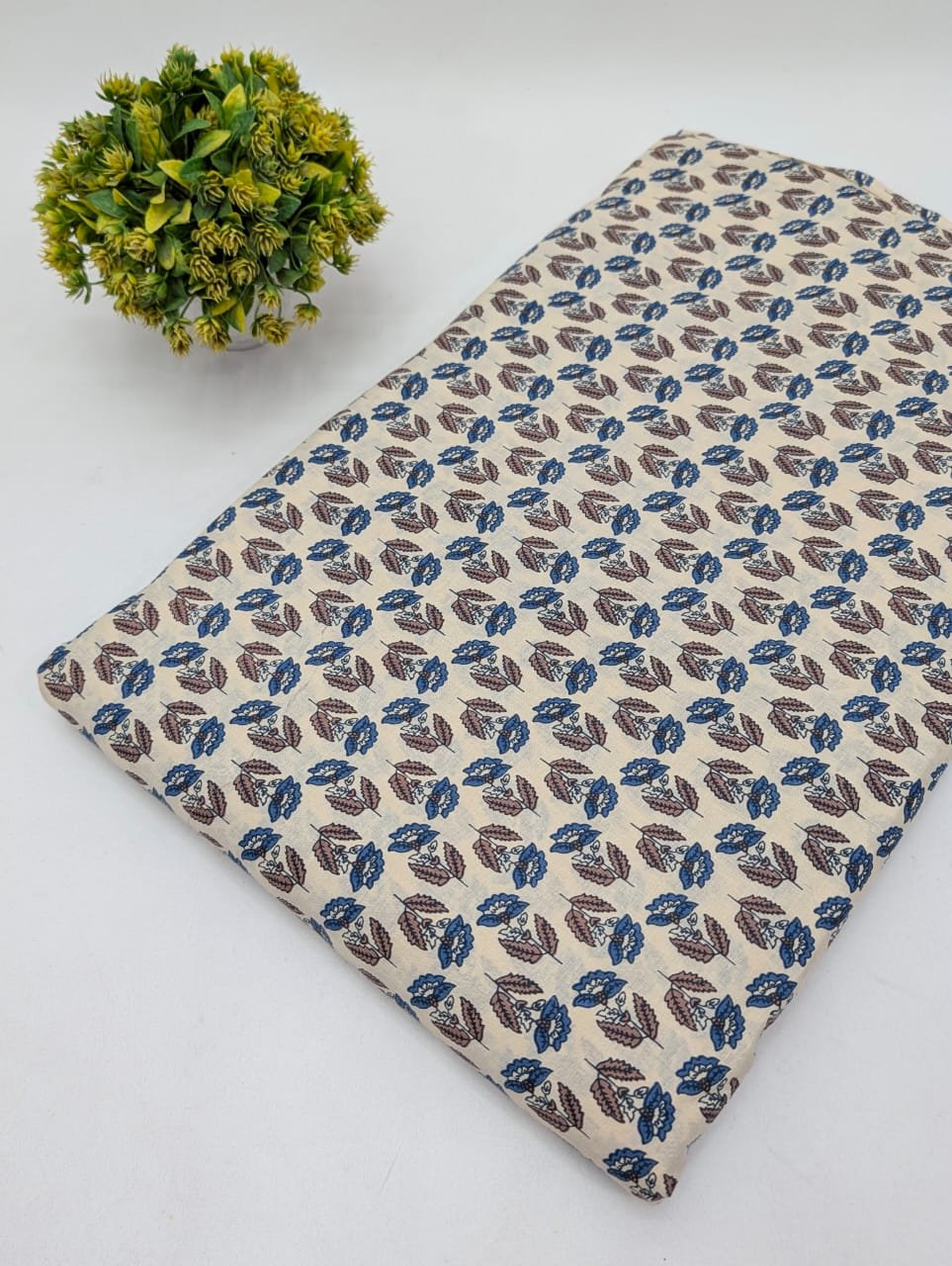 Beige Blue Floral Booti Screen Print Pure Cotton Fabric From Tulsi Prints