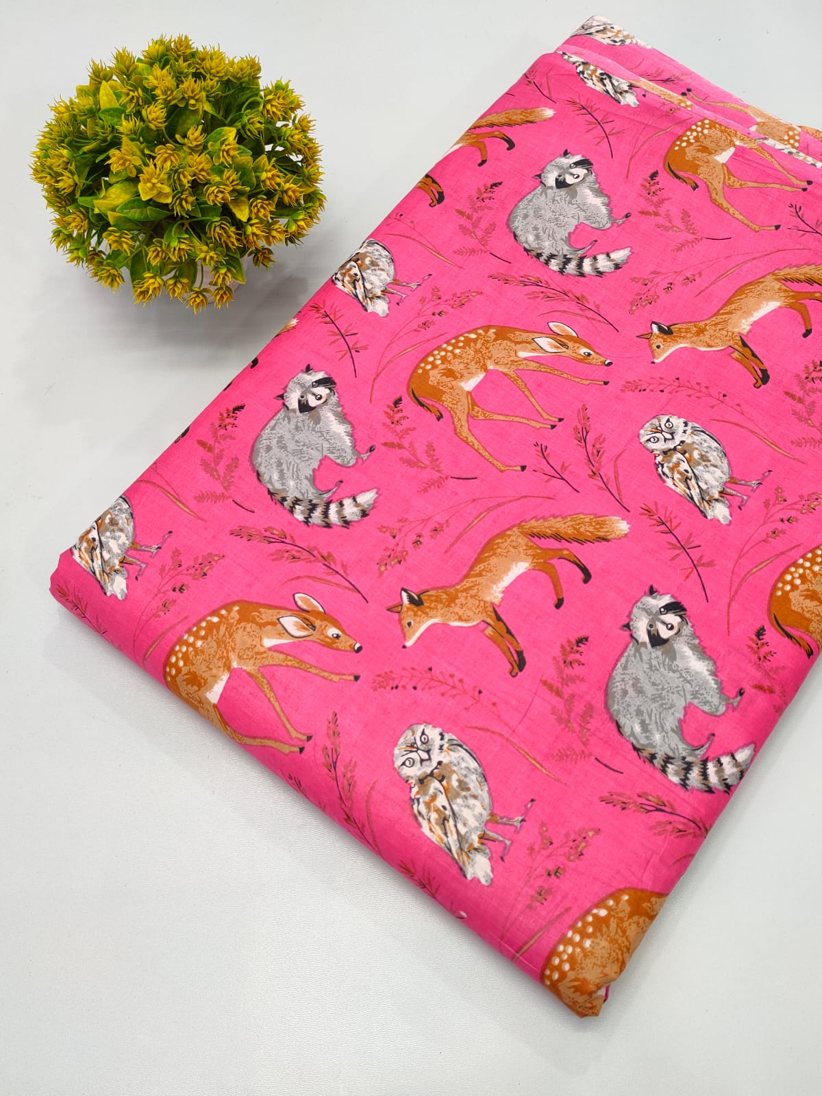 Close-up of Pink Animal Motif Screen Print Pure Cotton Fabric from Tulsi Prints