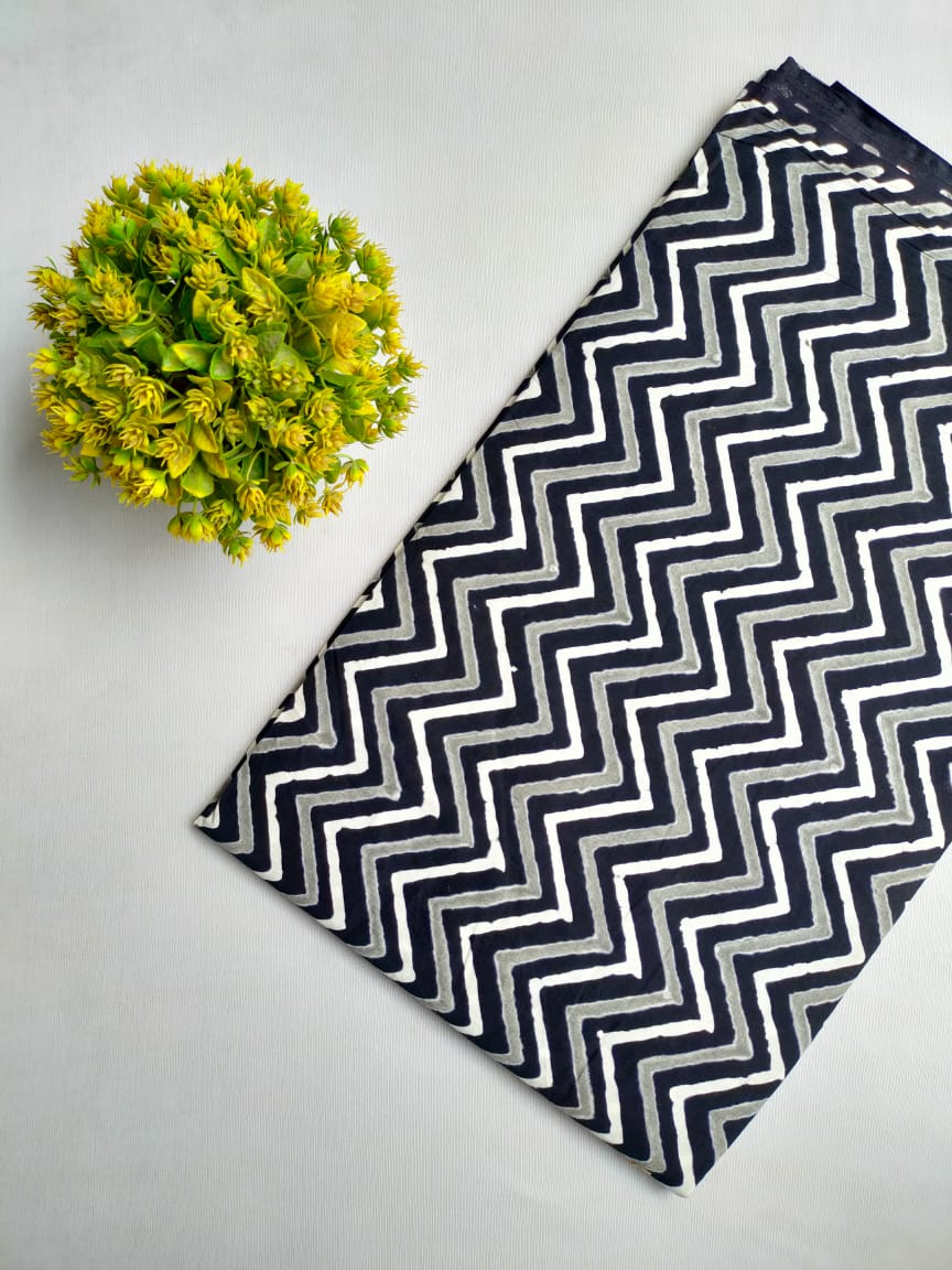Navy White Zigzag Jaipuri Block Print Cotton Fabric From Tulsi Prints