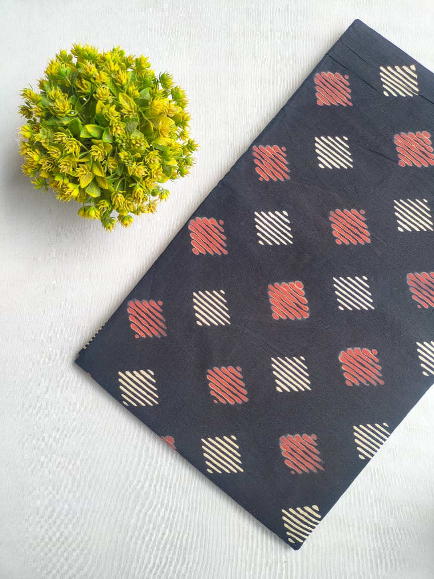 Black Square Print Jaipuri Block Print Cotton Fabric From Tulsi Prints